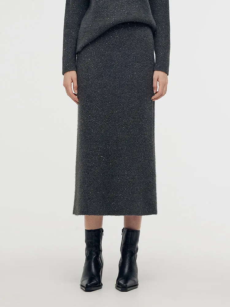 Artisan Print Gentle Wear Mohair Wool Blend Sequins Women Midi Skirt