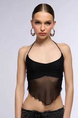ALL YOUR LOVE HALTER TIE NECK MESH CROP TANK IN BLACK Y Back