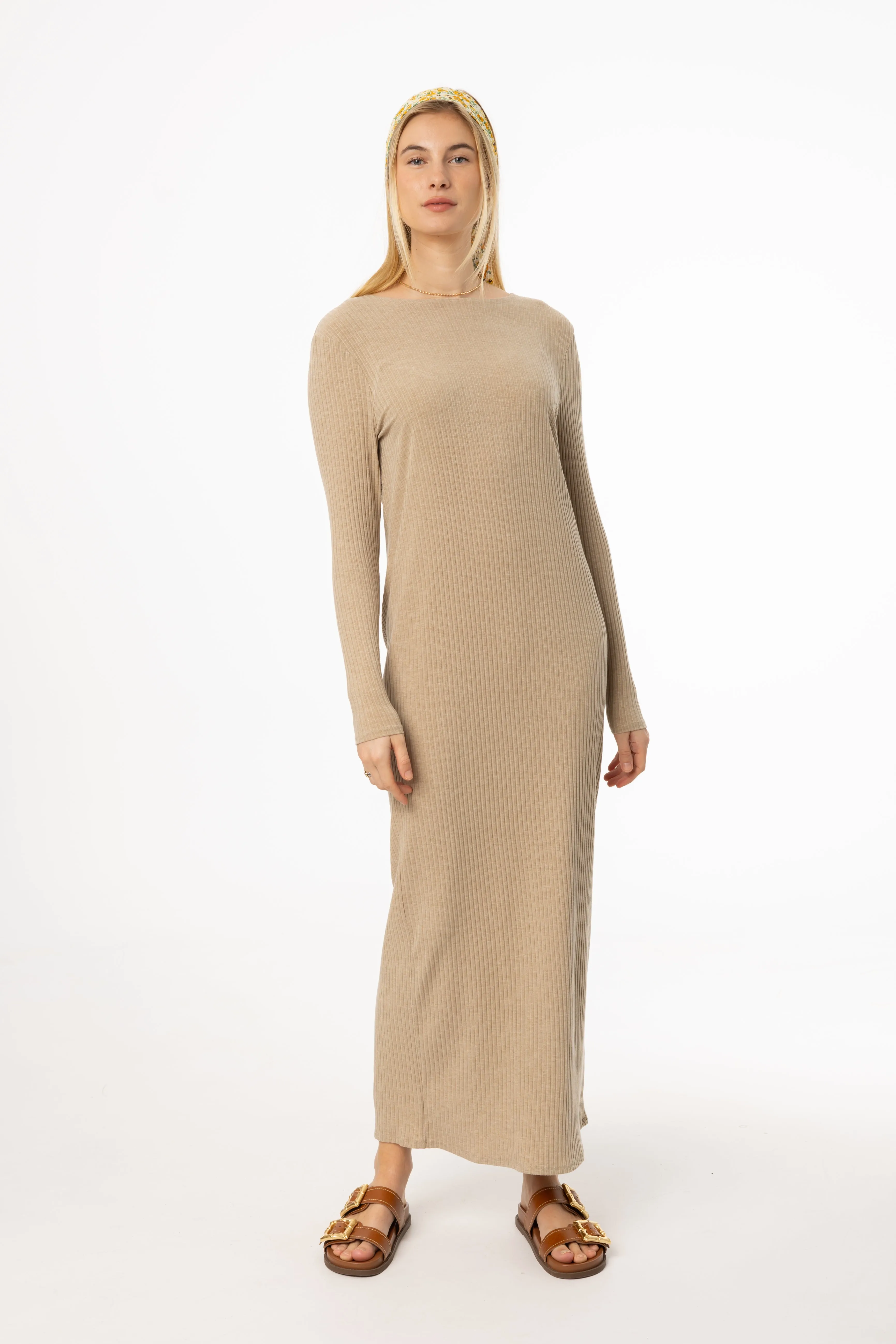 Stage Soul Tan Wide Ribbed Basic Maxi Dress