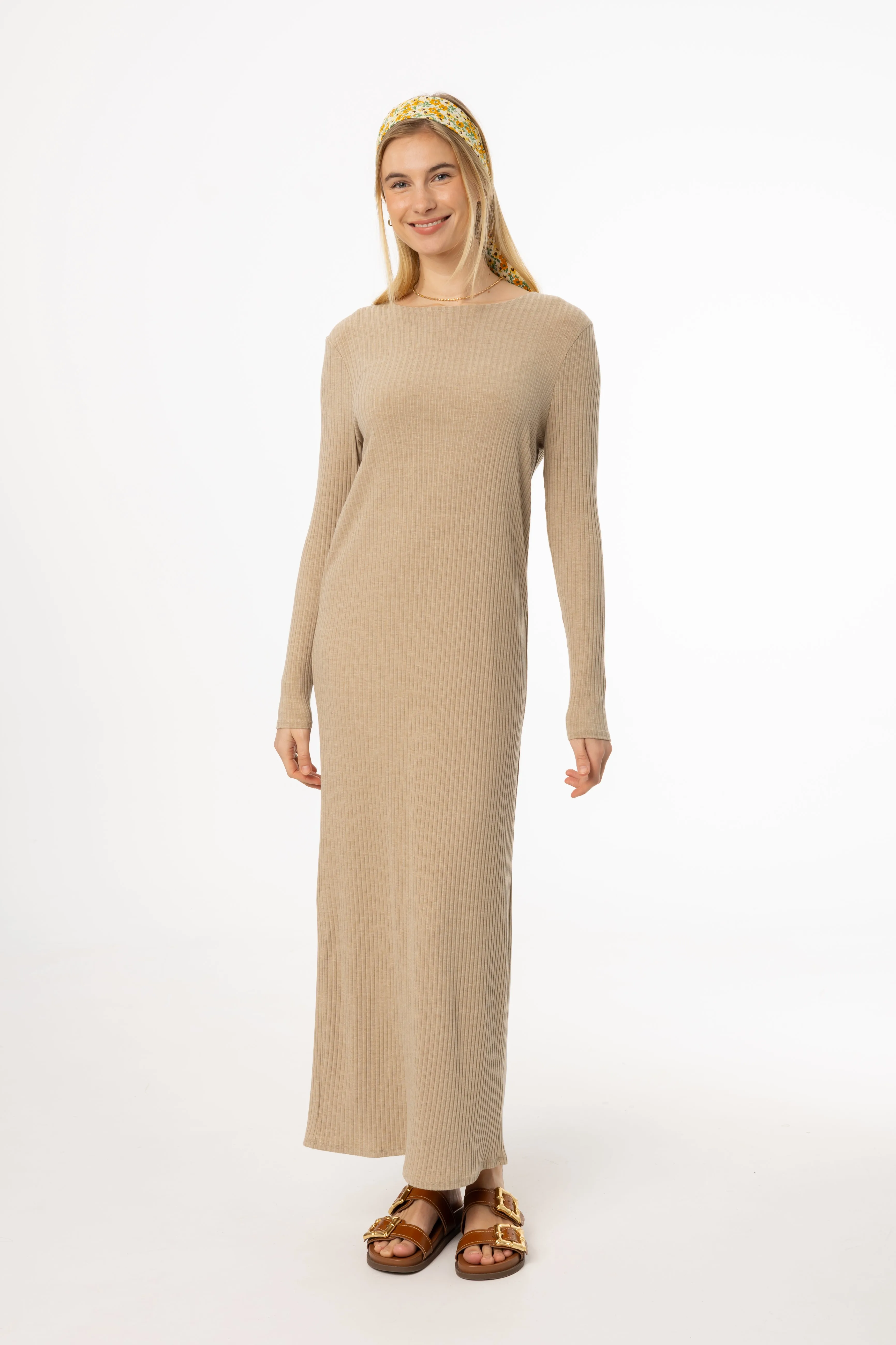 Brave Fit Tan Wide Ribbed Basic Maxi Dress