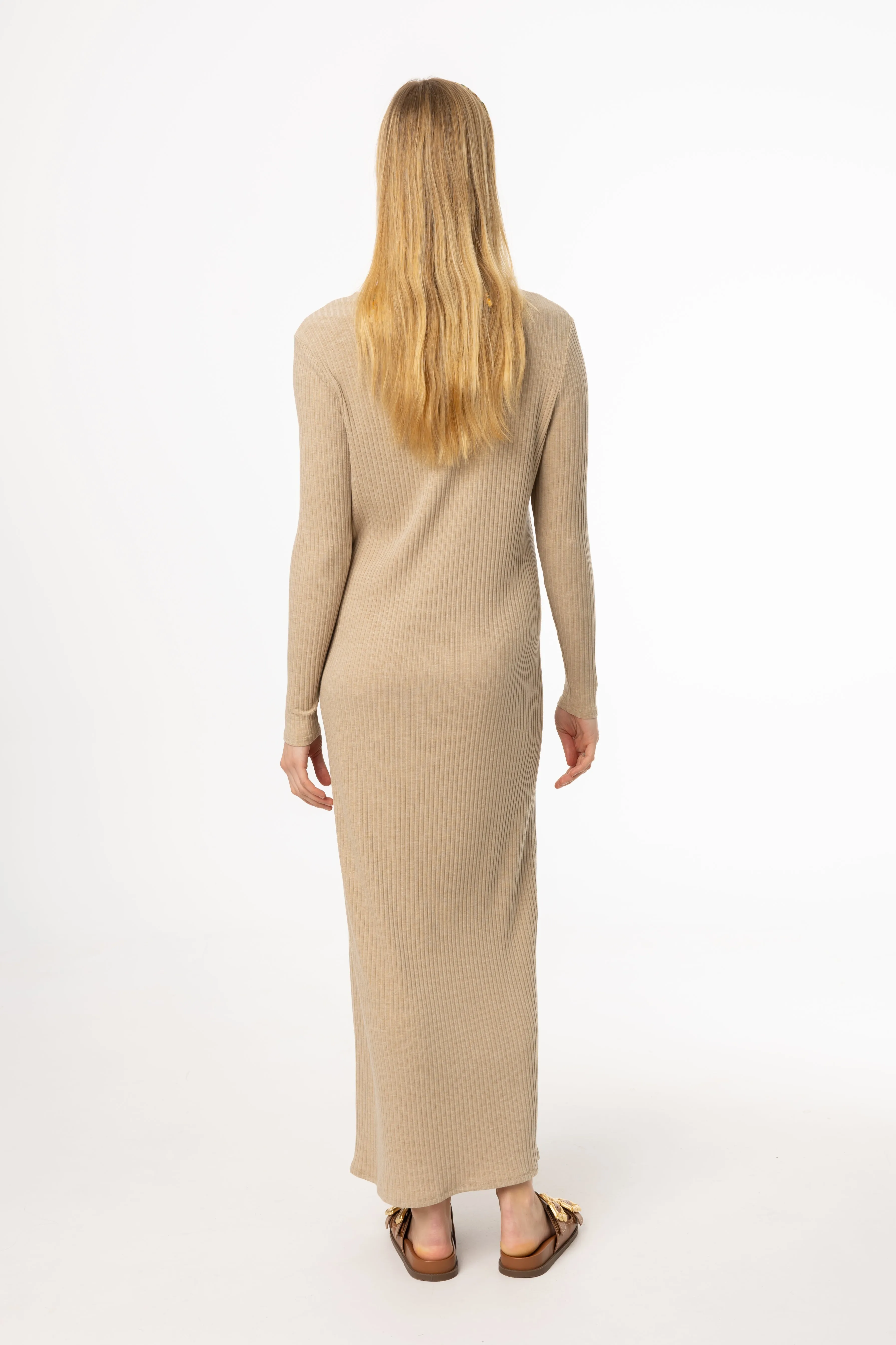 Tan Wide Ribbed Basic Maxi Dress Work Wear Sporty Gear