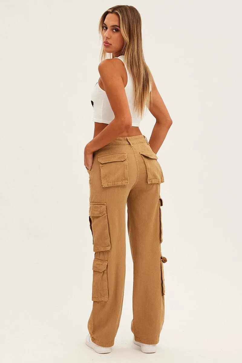 Belt loops Brown Wide Leg Denim Cargo Pants