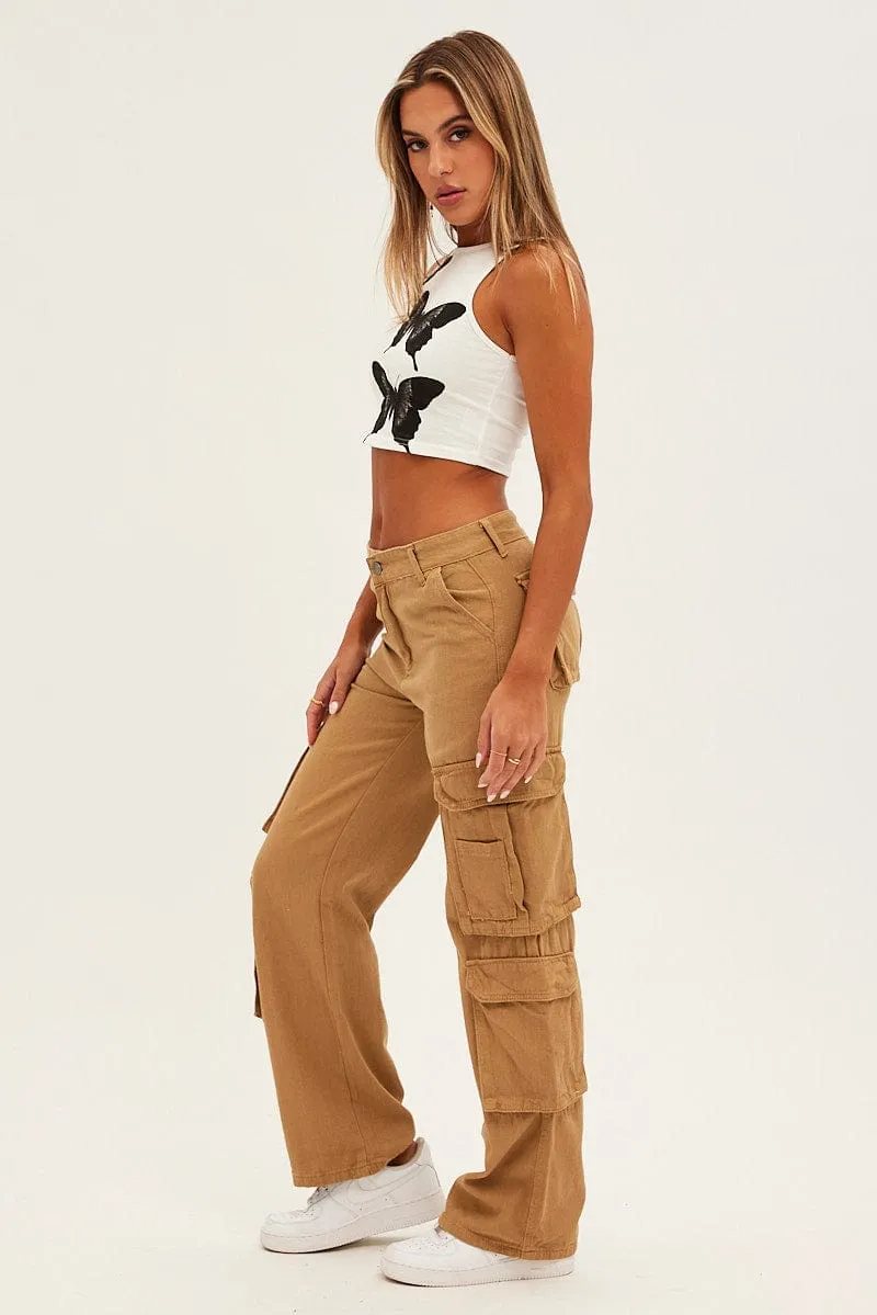 Brown Wide Leg Denim Cargo Pants Machine washable