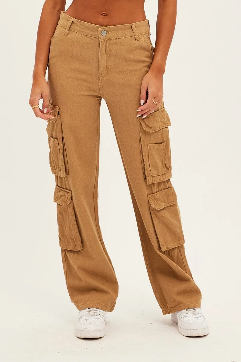 Fashionable Cut NoBuckleDesign Brown Wide Leg Denim Cargo Pants