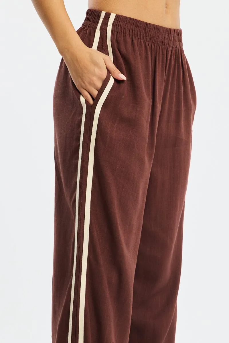 Brown Wide Leg Pants Side Stripe Outdoor Wear