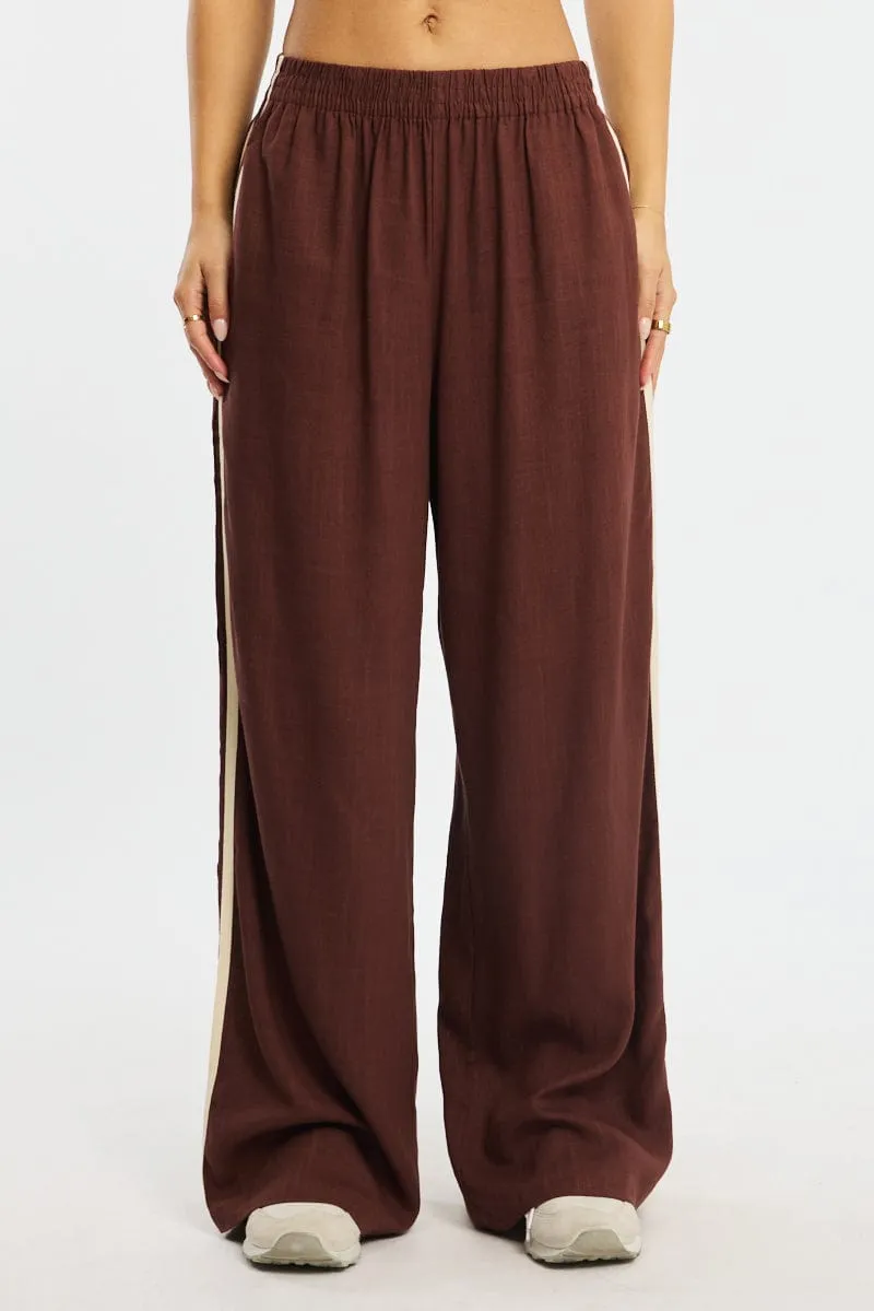 Brown Wide Leg Pants Side Stripe Stretchy Waist