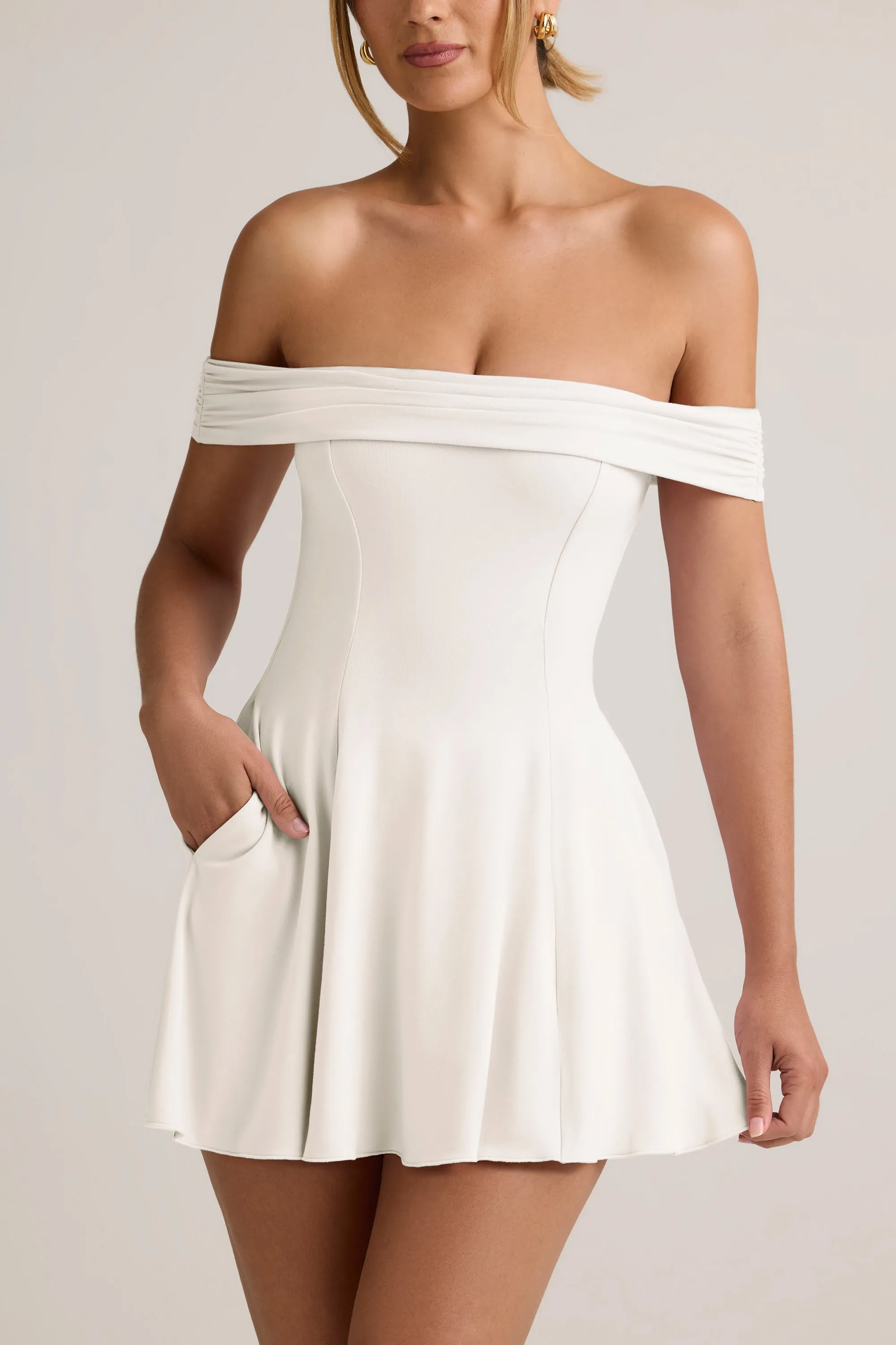 Modal Off-Shoulder A-Line Mini Dress in White Slim Profile Pop Warm