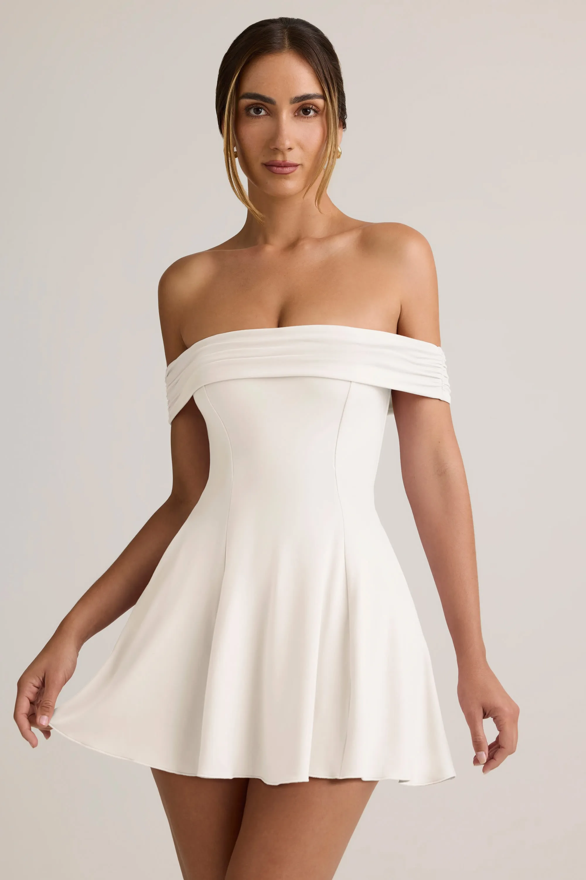 Modal Off-Shoulder A-Line Mini Dress in White Flirty off-the-shoulder mini Sleek Silhouette