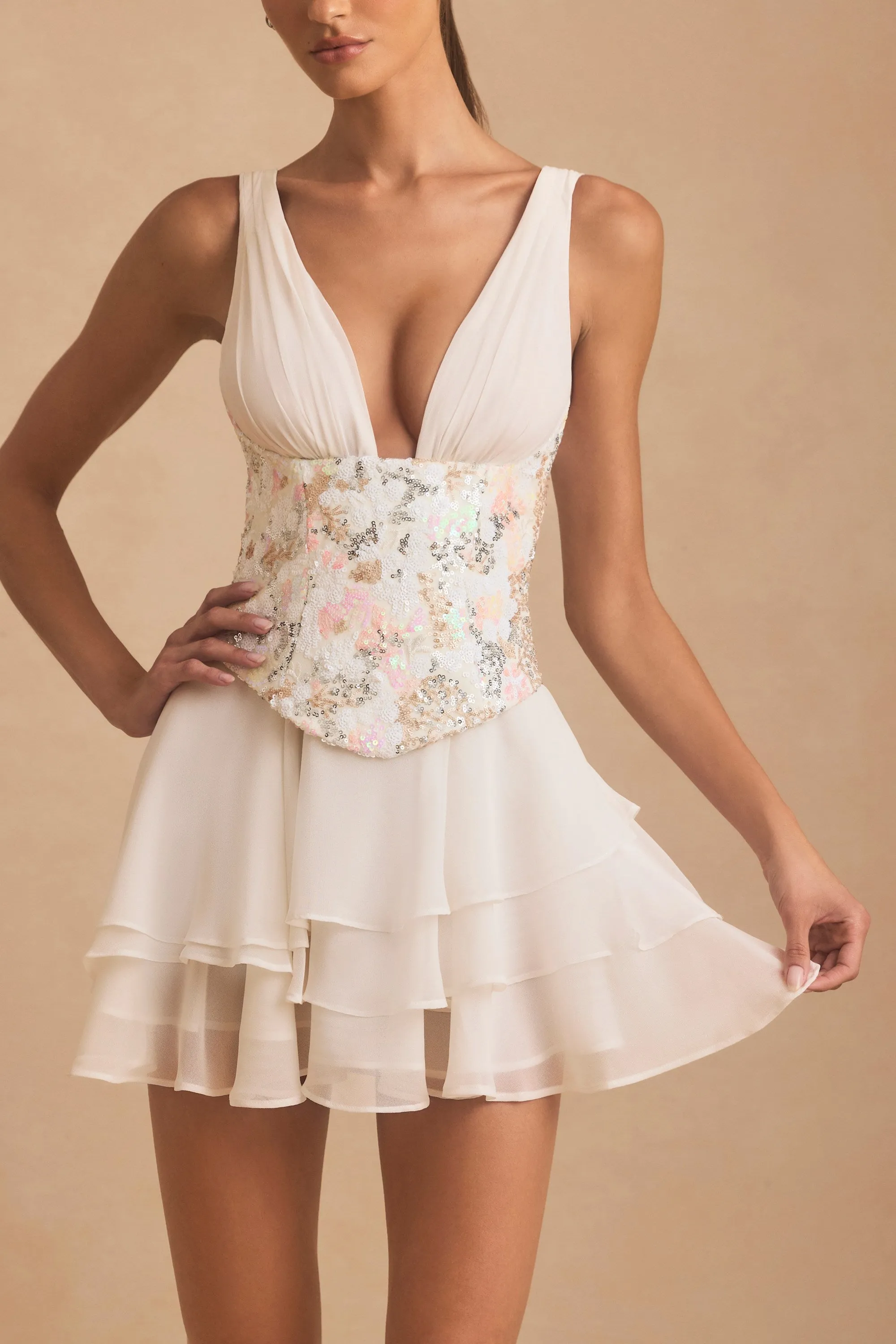Embellished Ruffled Corset Mini Dress in Ivory Hot Glow All Season Wear