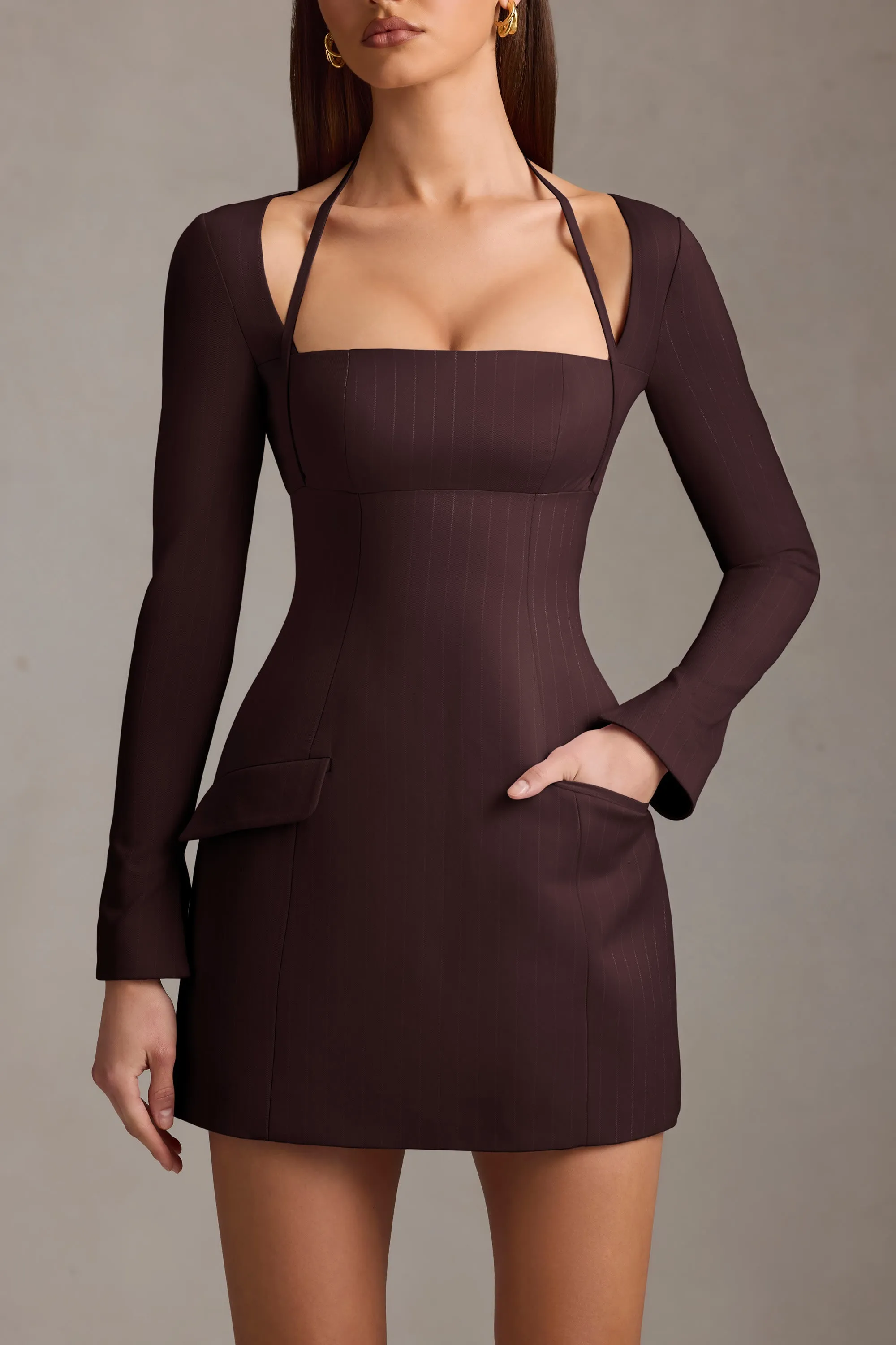 High Thread Count Cotton Eco Friendly Material Pinstripe Structured A-Line Mini Dress in Chocolate Brown