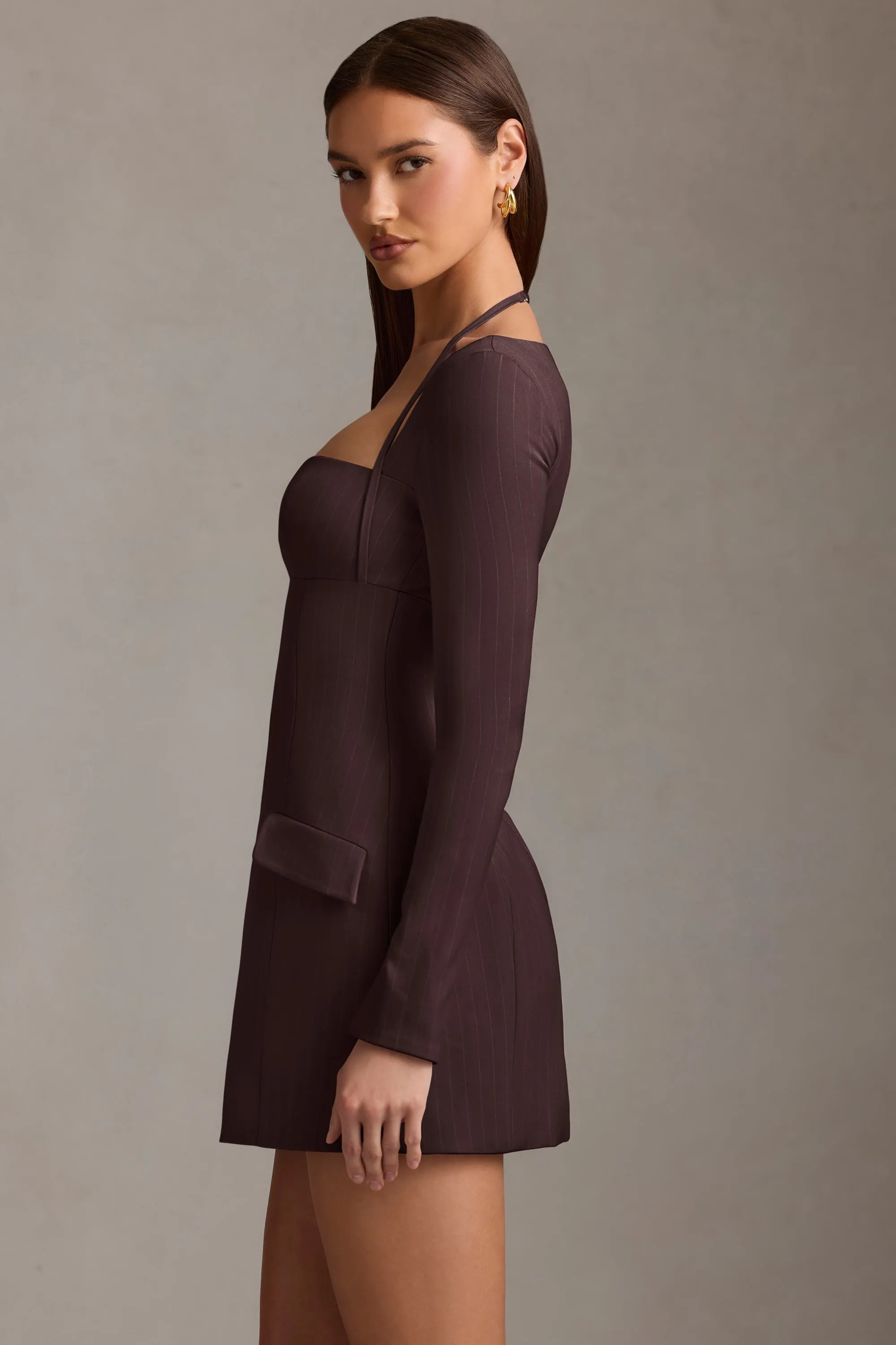 Diagonal Draping Effect Pinstripe Structured A-Line Mini Dress in Chocolate Brown