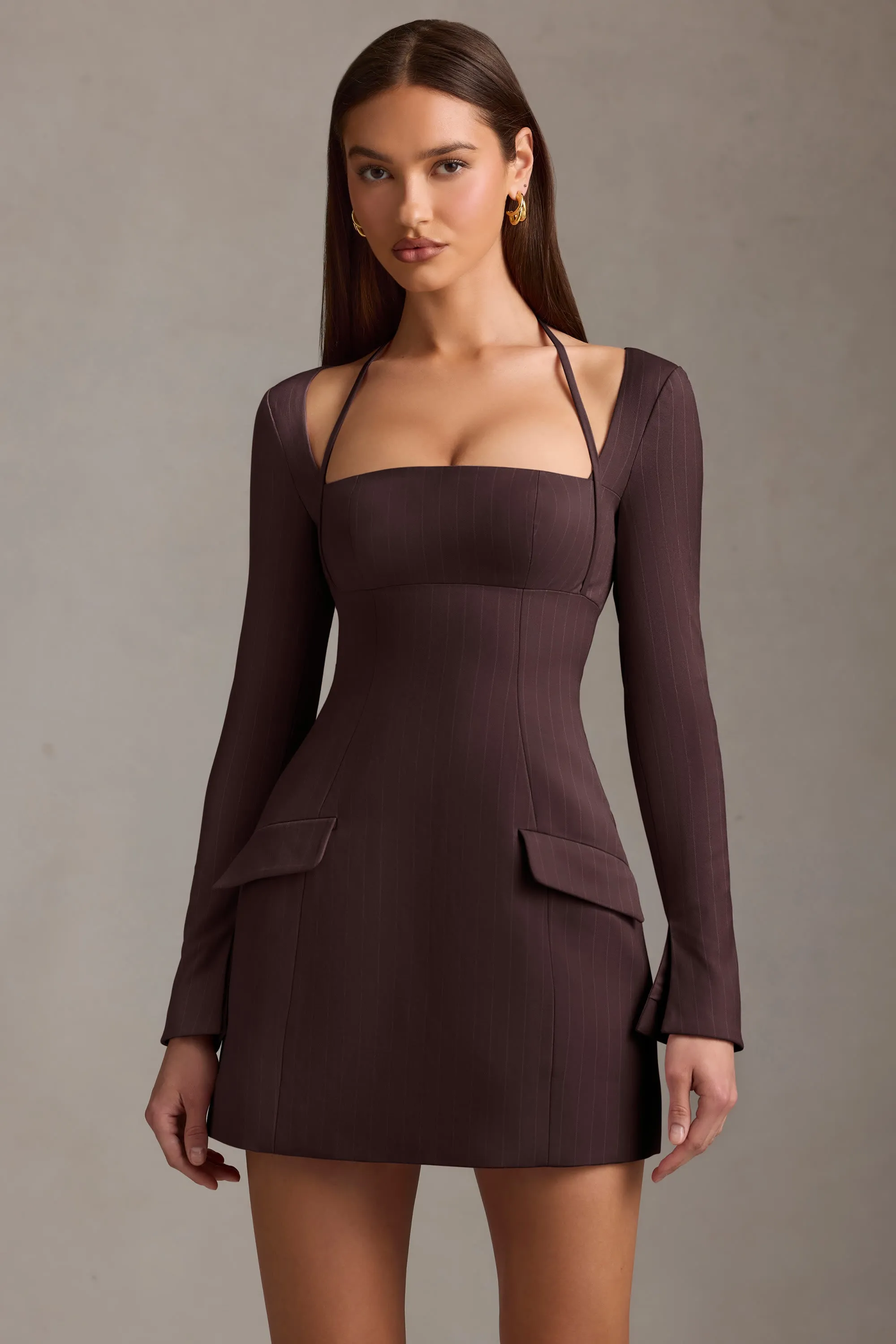 Day-to-evening versatile mini Pinstripe Structured A-Line Mini Dress in Chocolate Brown