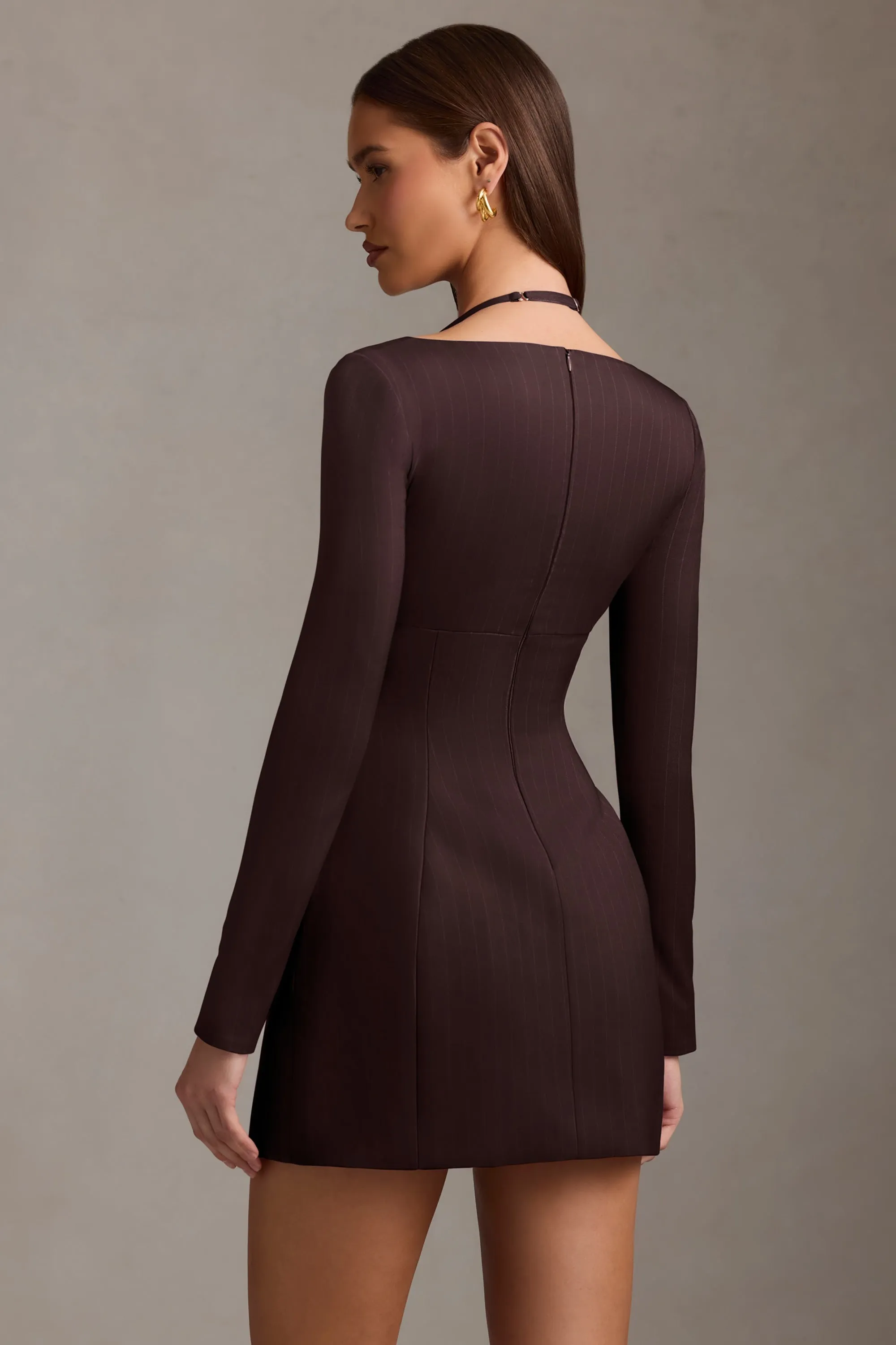 Pinstripe Structured A-Line Mini Dress in Chocolate Brown Curvy Love Edge Warm