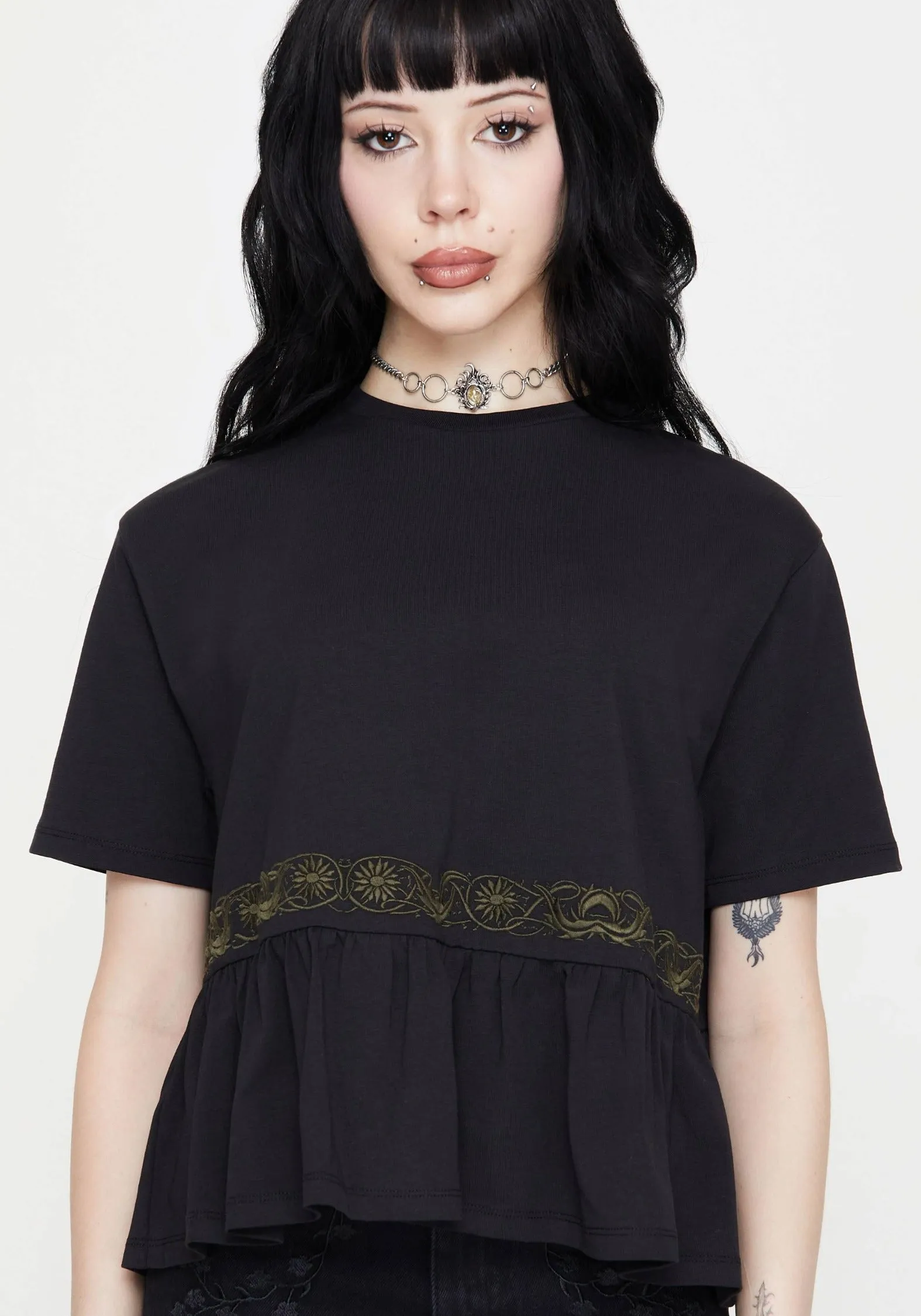 Fianna Embroidered Ruffle Hem Crop T-shirt Soft and Relaxed