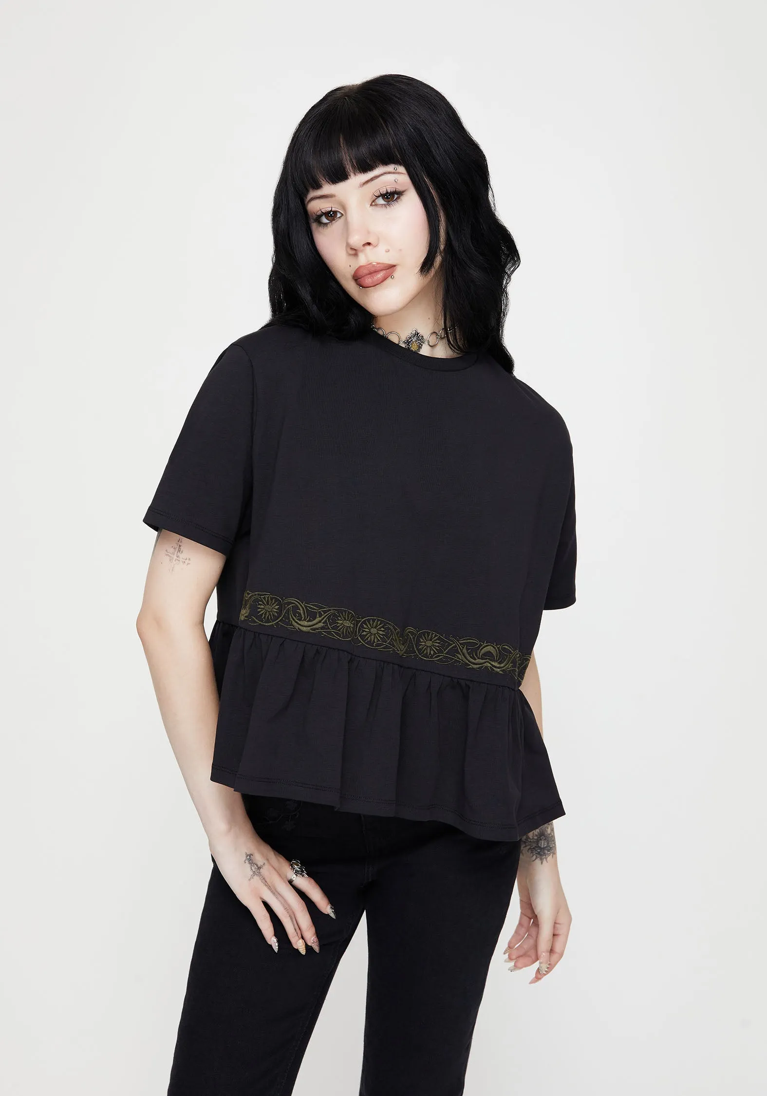 Fianna Embroidered Ruffle Hem Crop T-shirt Functional Side Gussets Premium Comfort