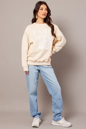 Beige Graphic Sweater Long Sleeve Travel Outfit