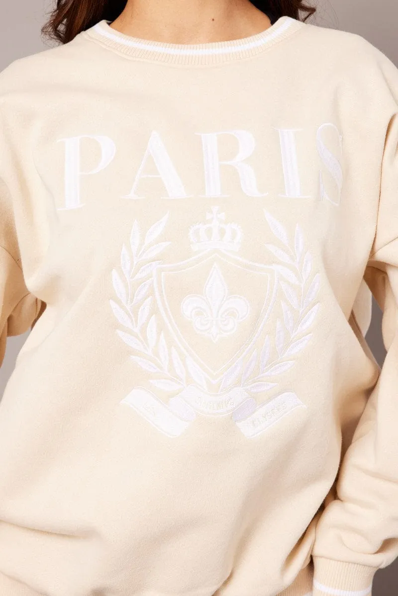 Daily Chic Beige Graphic Sweater Long Sleeve
