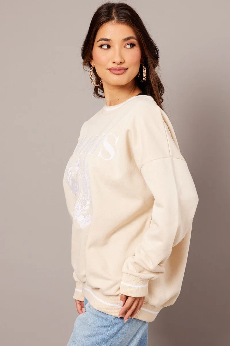 Beige Graphic Sweater Long Sleeve Cold Layer