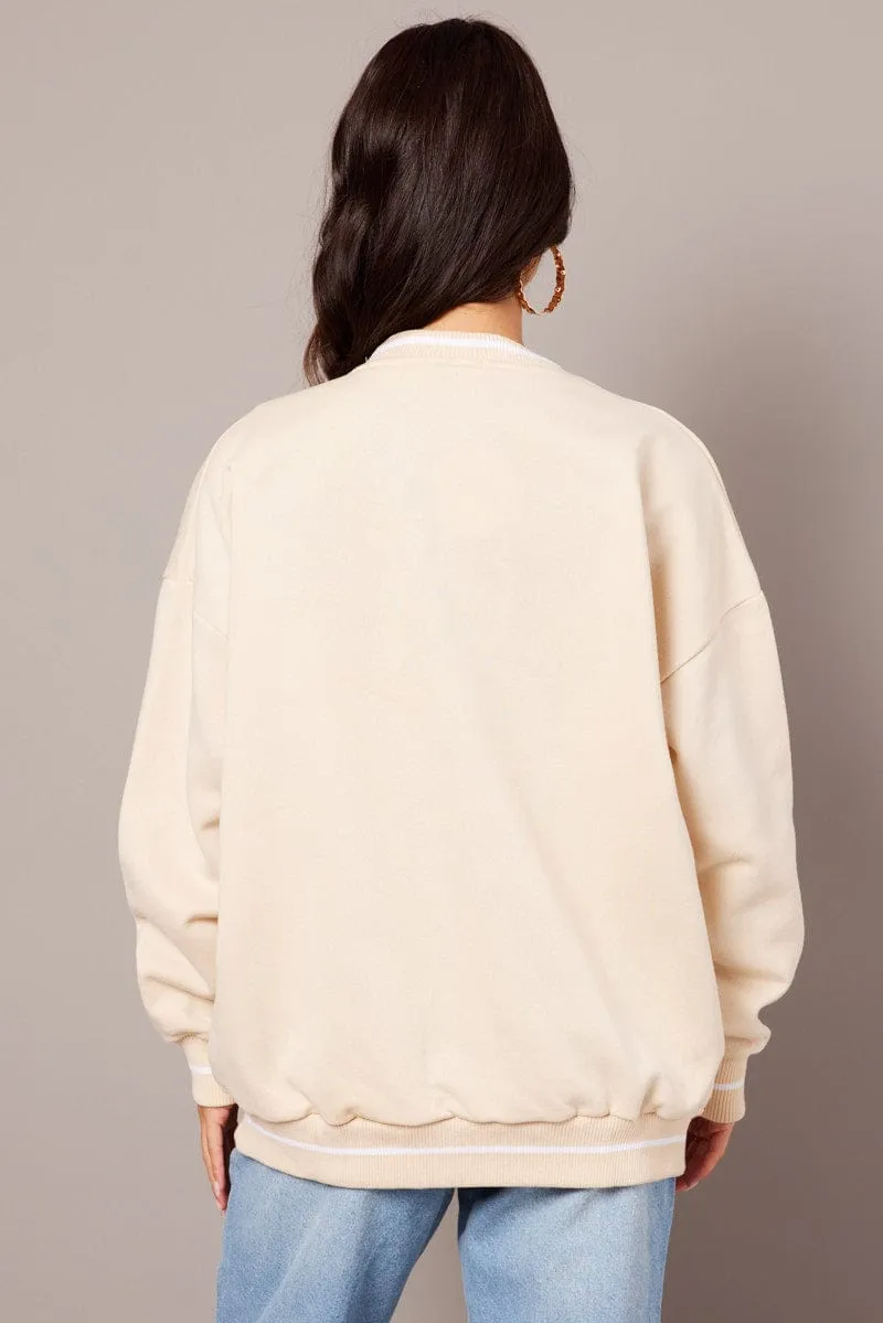 Beige Graphic Sweater Long Sleeve Smart Design Trendy Basics