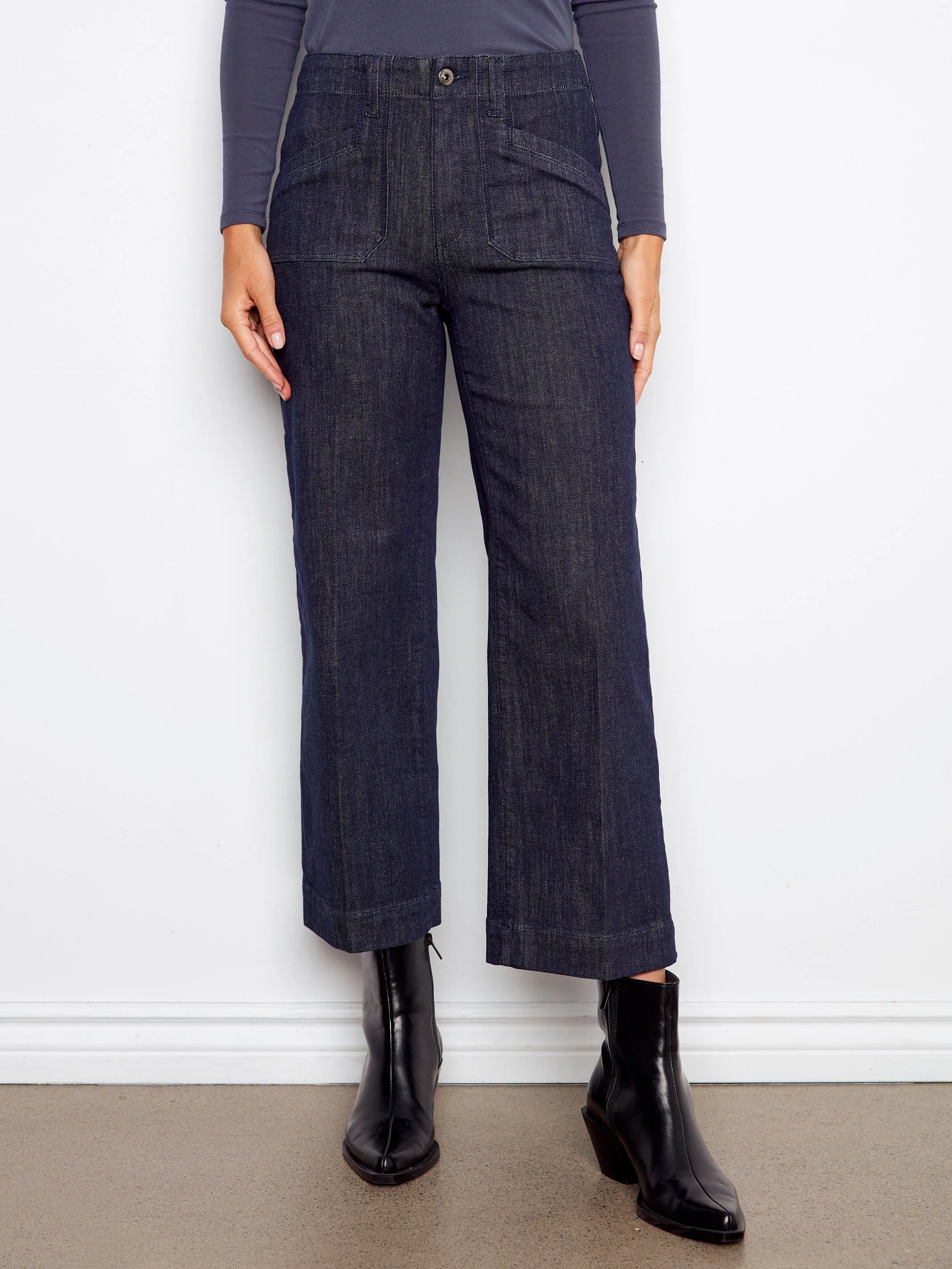 Cropped Wide Leg Stretch Jeans - Deep Blue Sporty Look