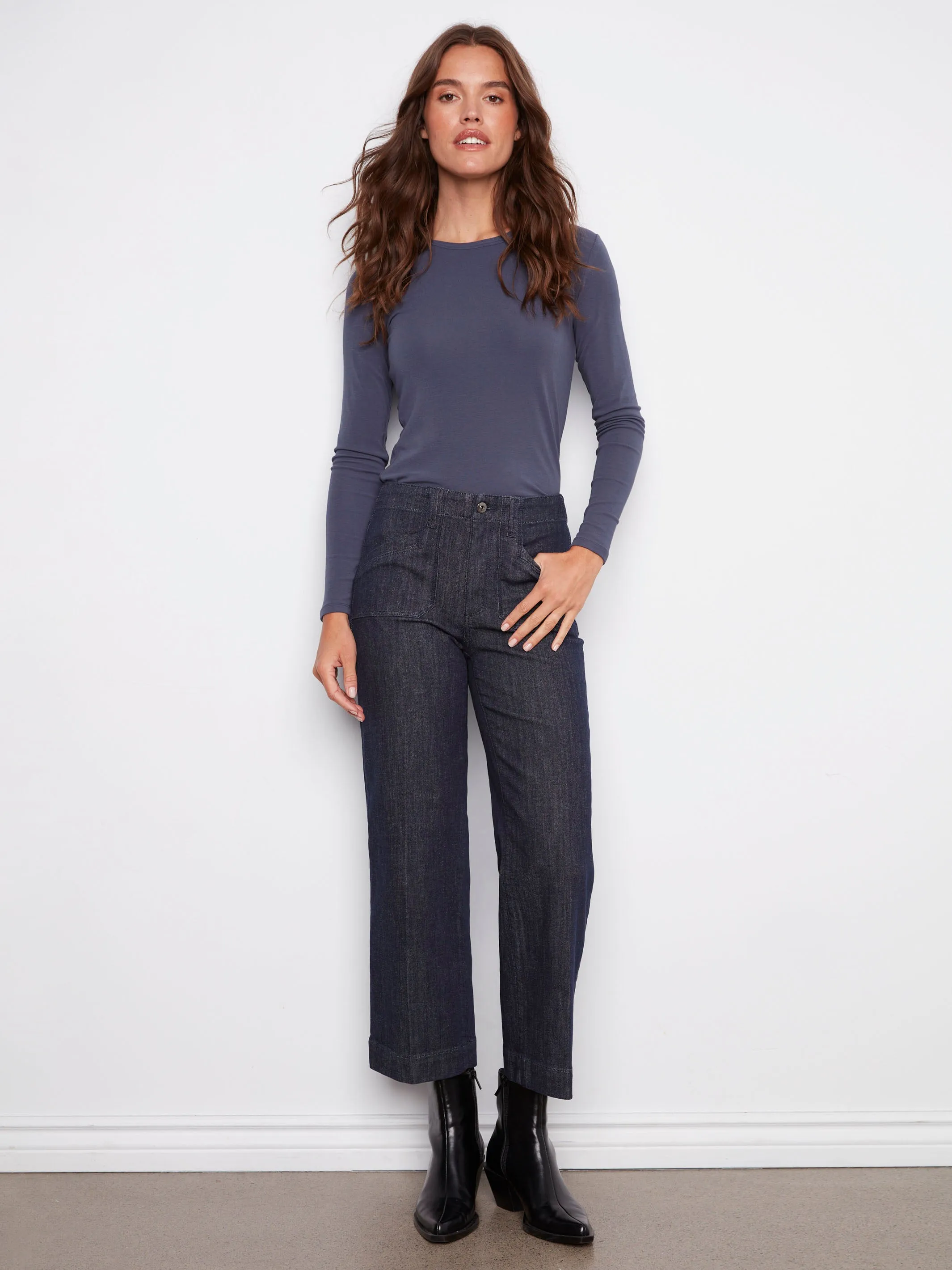 Cropped Wide Leg Stretch Jeans - Deep Blue Teen Outfit Bold Urban Explorer Date Night Casual Friday