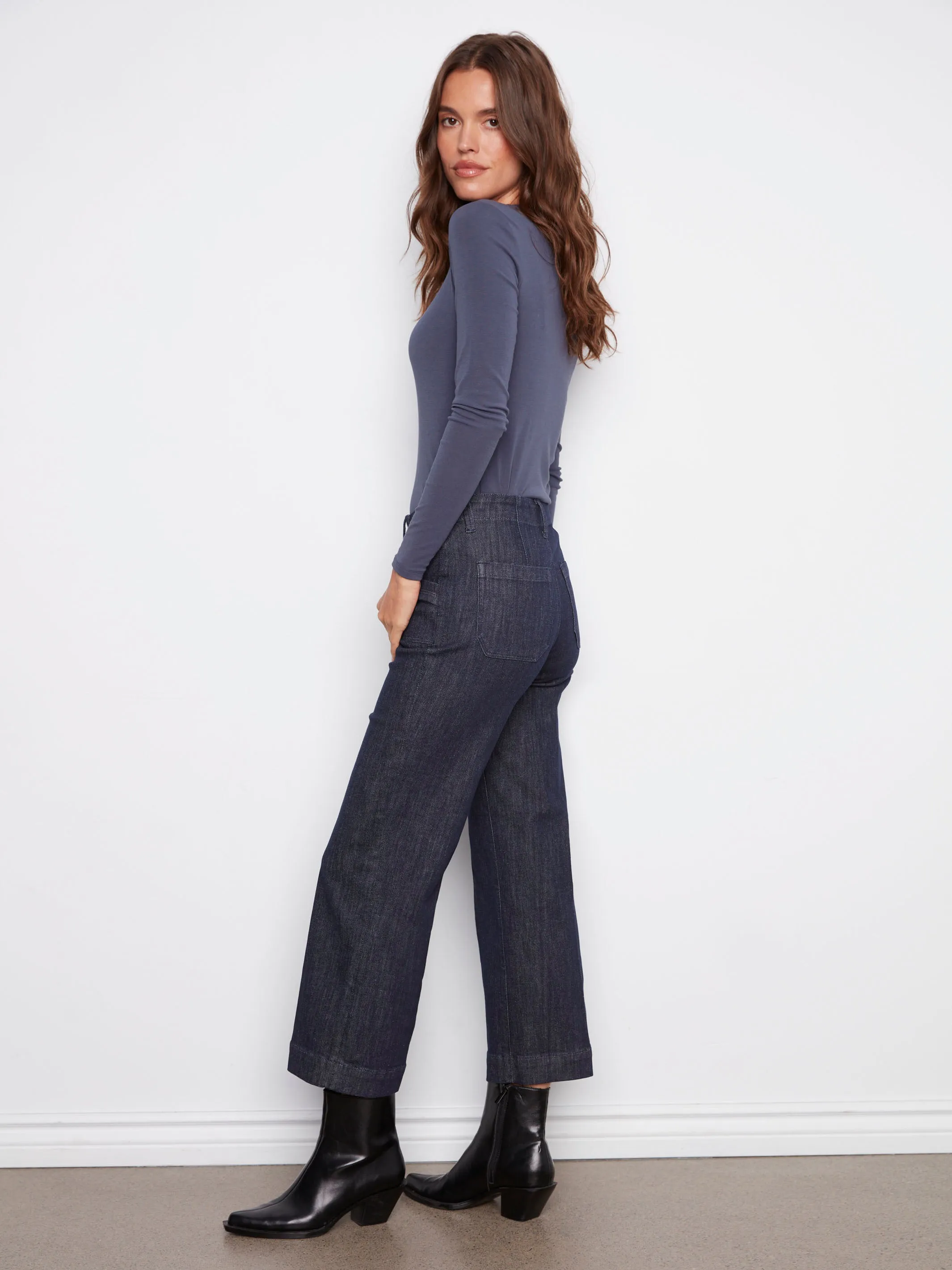 Unisex Wear Elegant Vintage Lover Cropped Wide Leg Stretch Jeans - Deep Blue