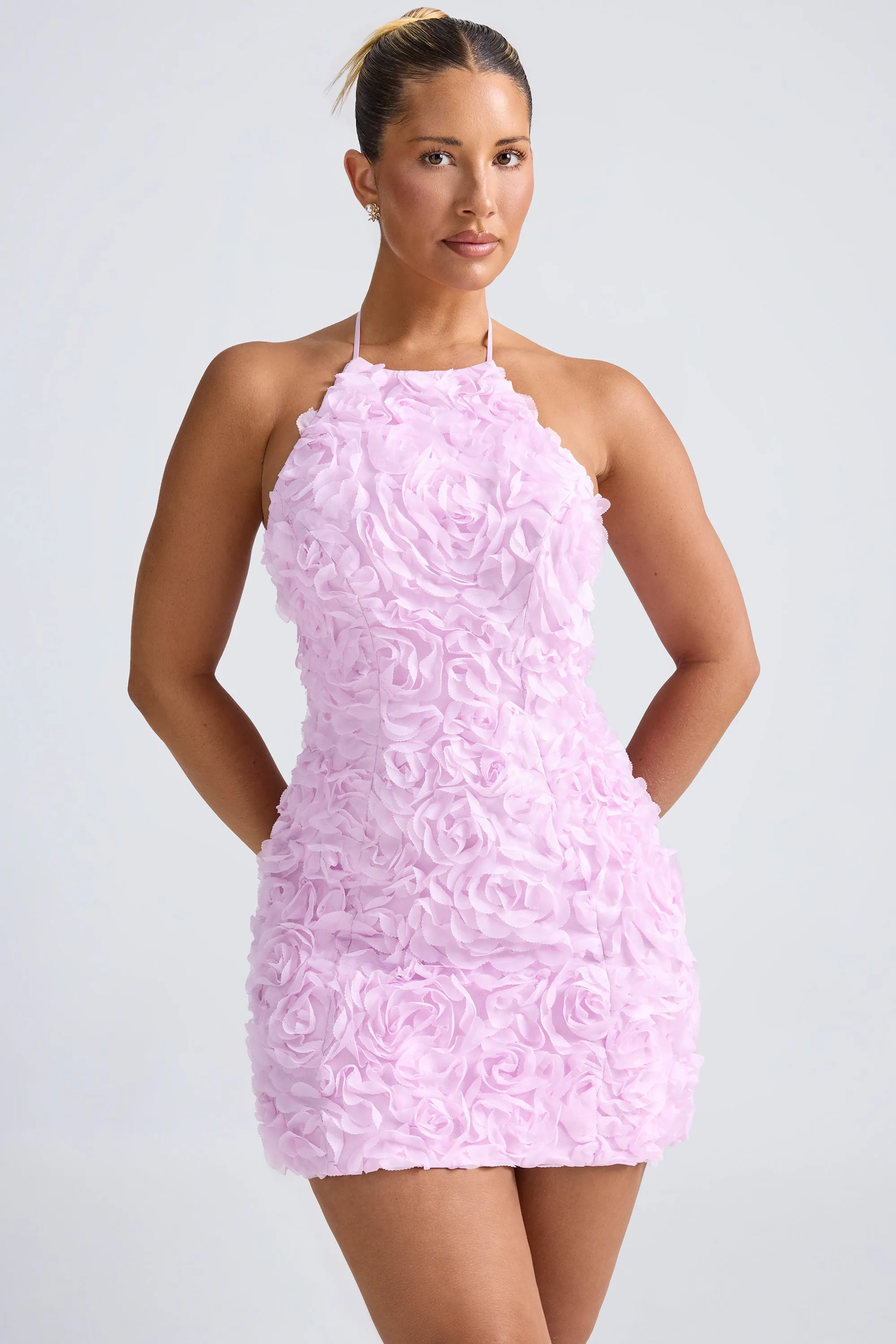 Floral-Appliqu?? Halterneck A-Line Mini Dress in Lilac High Breathability
