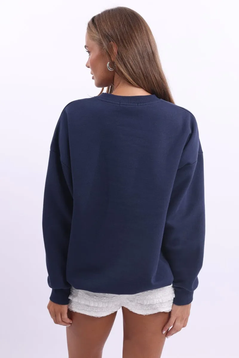 Blue Graphic Sweater Long Sleeve V neck