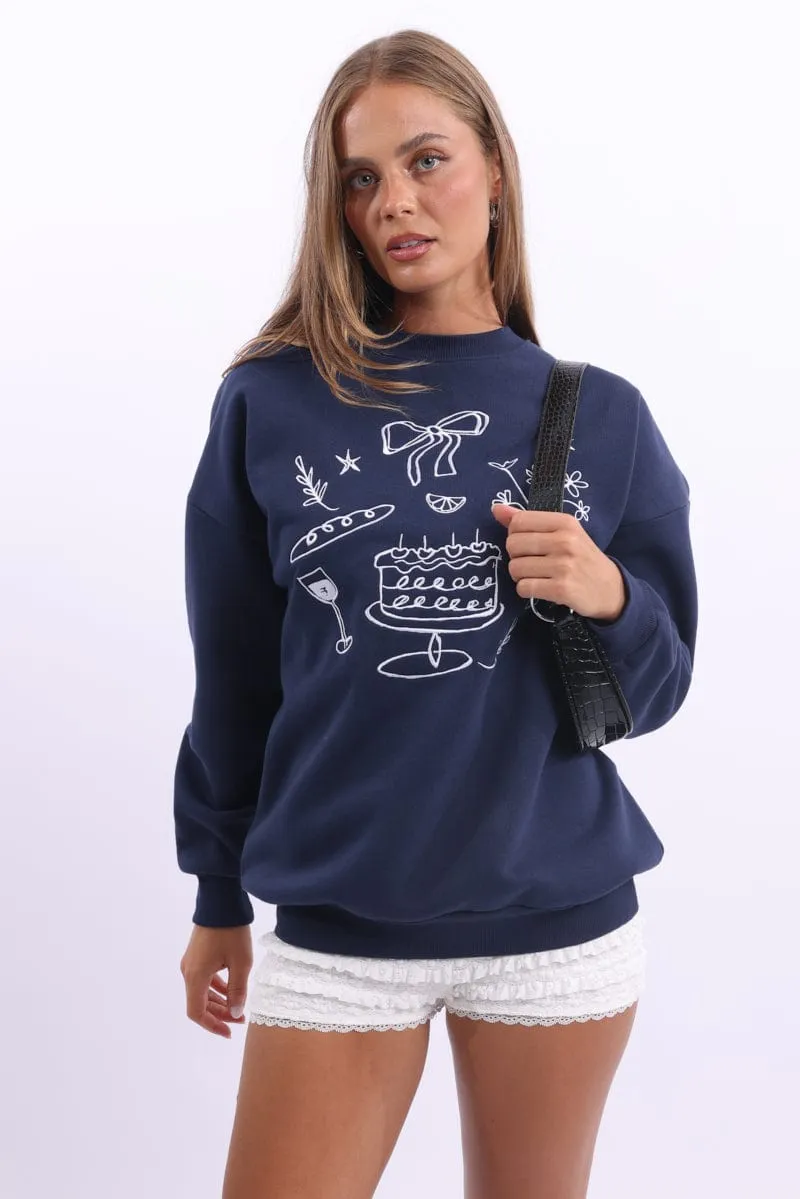 product office appropriate professionalism Blue Graphic Sweater Long Sleeve