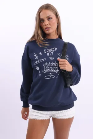product office appropriate professionalism Blue Graphic Sweater Long Sleeve