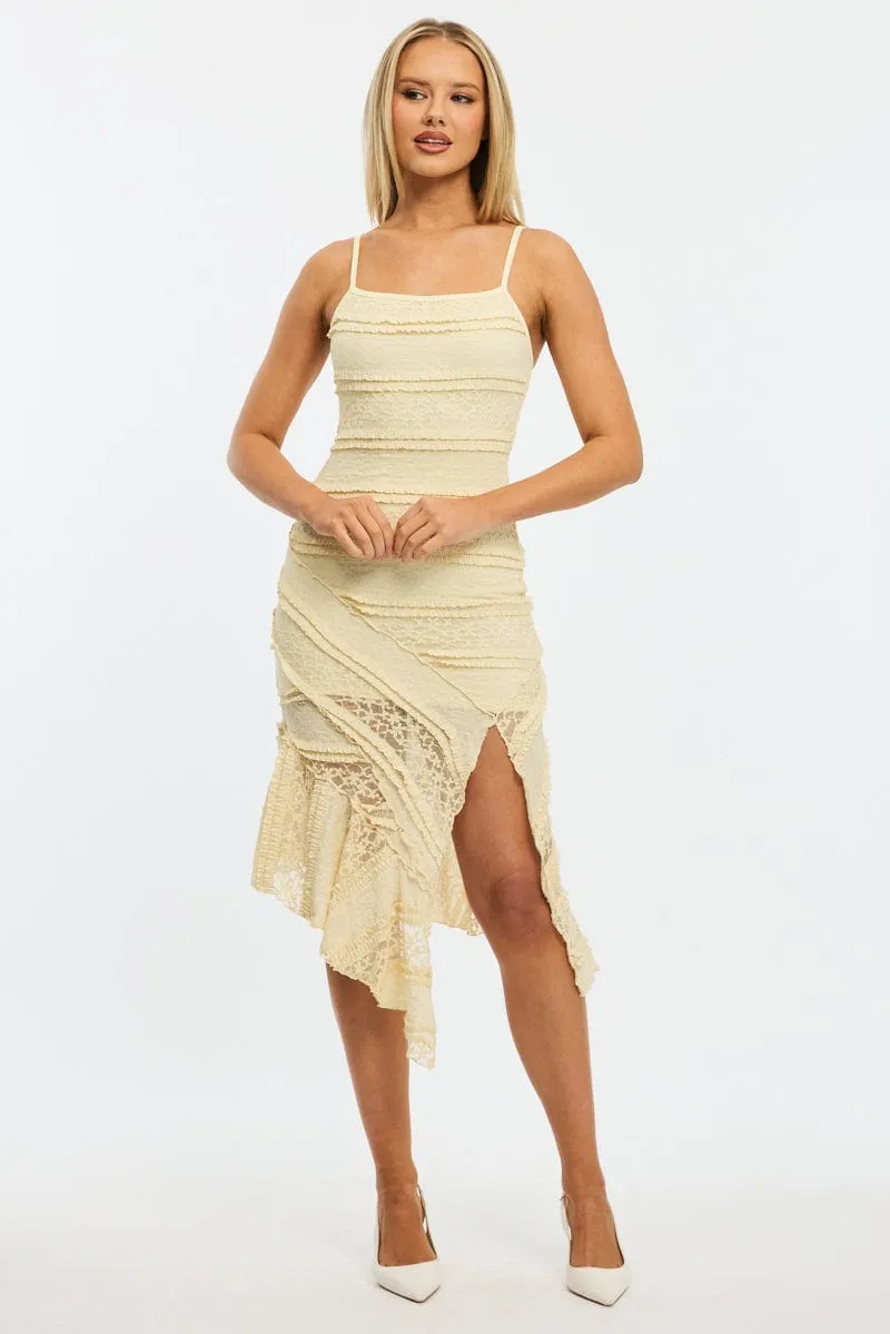 Smart Design Trendy Appearance Yellow Midi Dress Asymmetric Hem Lace