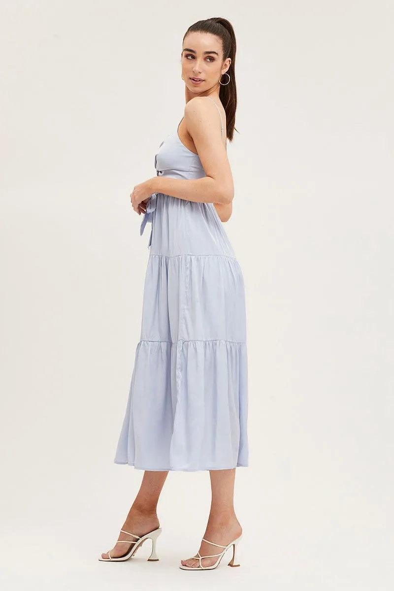 Scandi Clean Wearable Art Blue Midi Dress Evening Satin