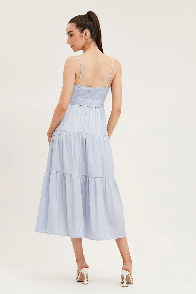 Blue Midi Dress Evening Satin Airy Shape
