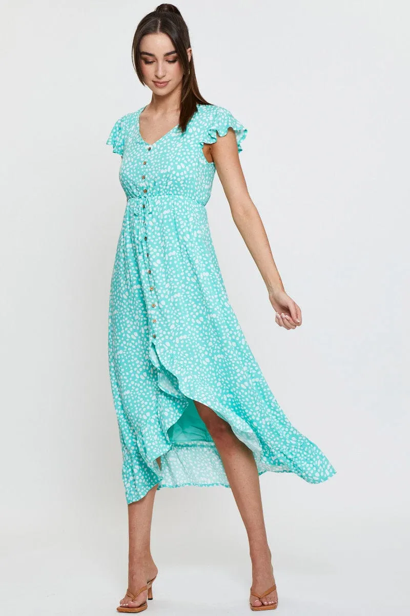 Soft Texture Hill Top Geo Print Midi Dress Short Sleeve