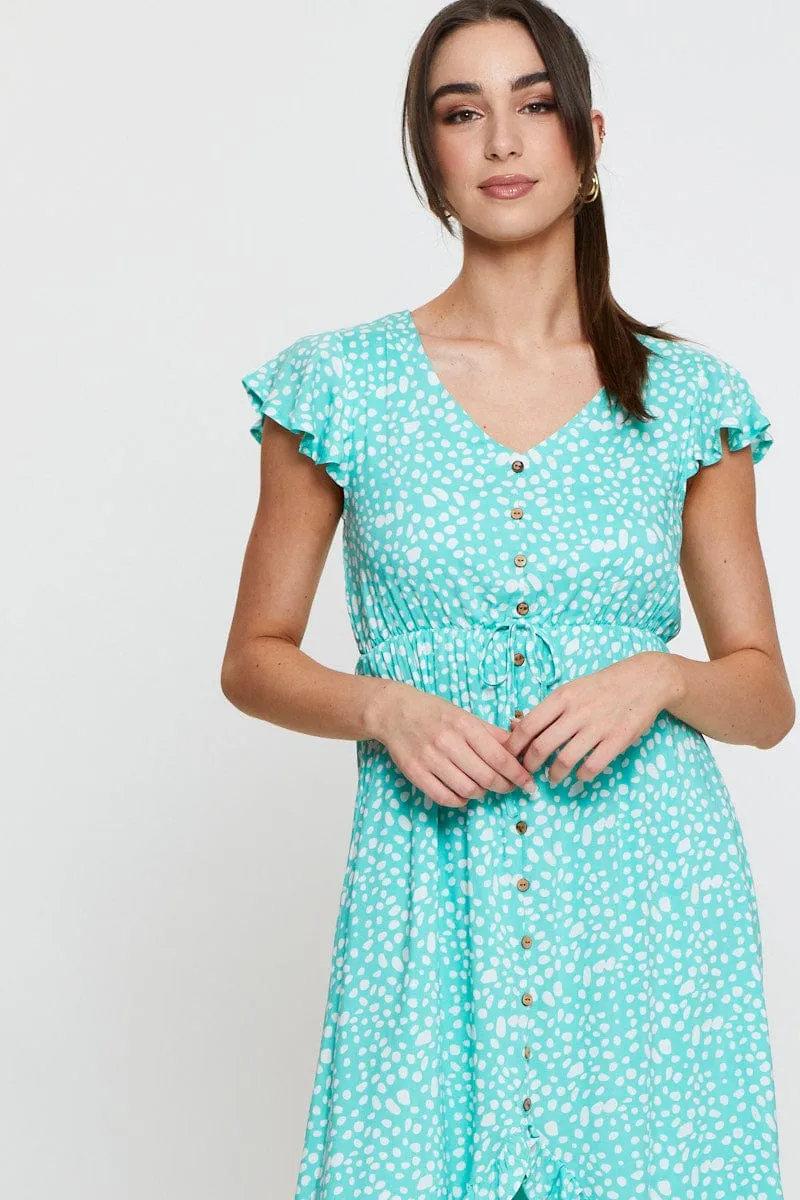 Geo Print Midi Dress Short Sleeve Tulle Light