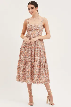 Stylish Casual Parisian Touch Print Cut Out Midi Dress