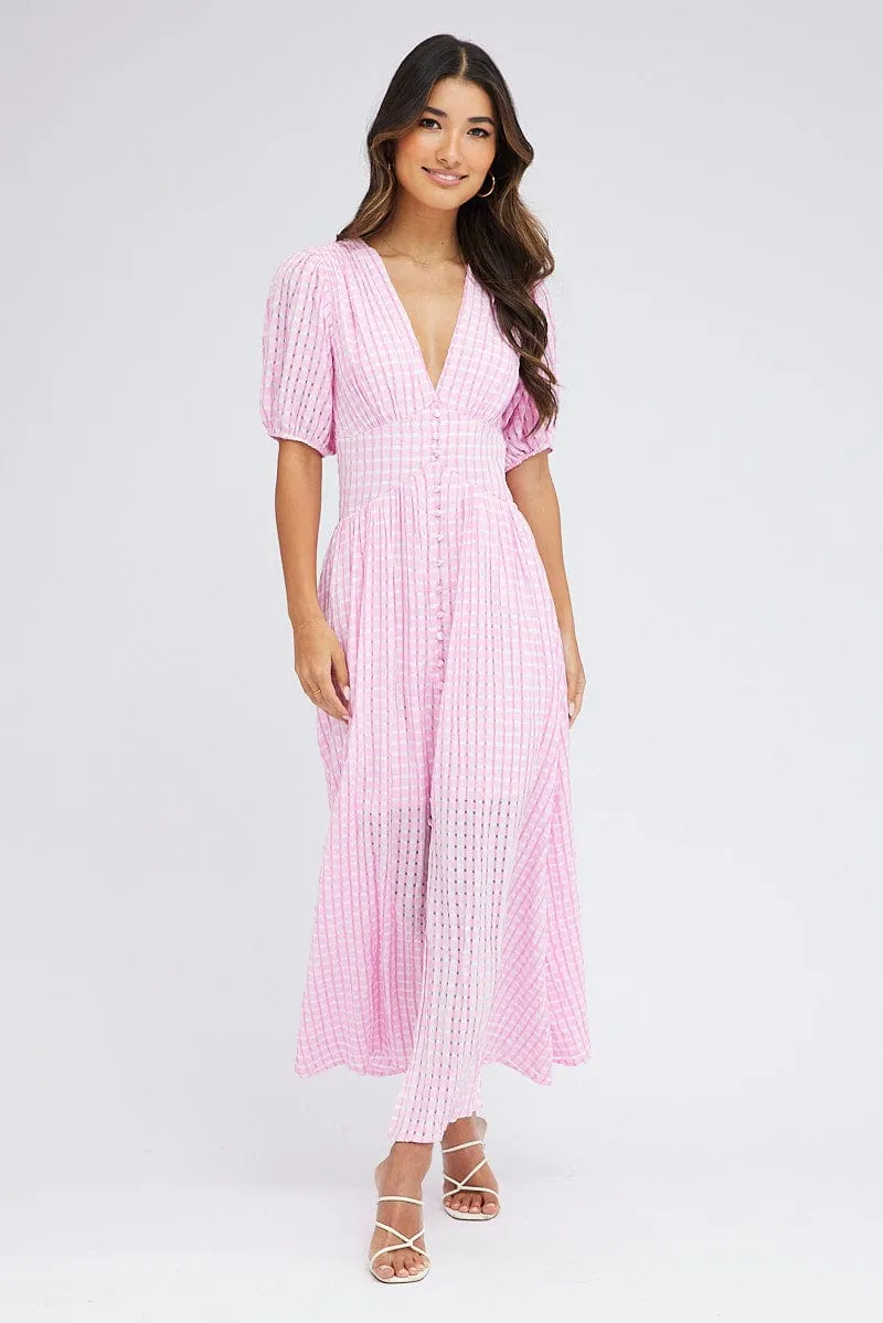 Purple Check Midi Dress Puff Sleeve Sophisticated Style