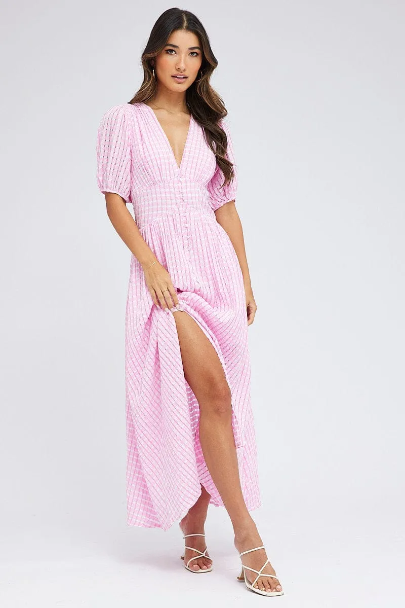 Purple Check Midi Dress Puff Sleeve Office Wear Stylish below-the-knee gown