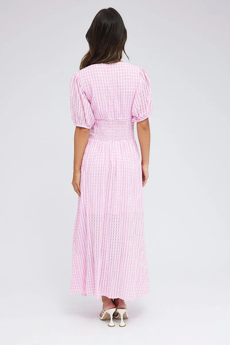 Purple Check Midi Dress Puff Sleeve Fresh Air Season Switch