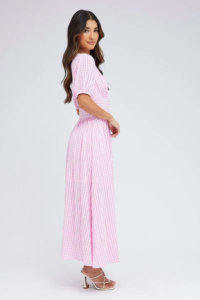 Purple Check Midi Dress Puff Sleeve Glass Glow Relaxed Comfort