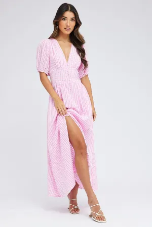 Purple Check Midi Dress Puff Sleeve Office Wear Stylish below-the-knee gown