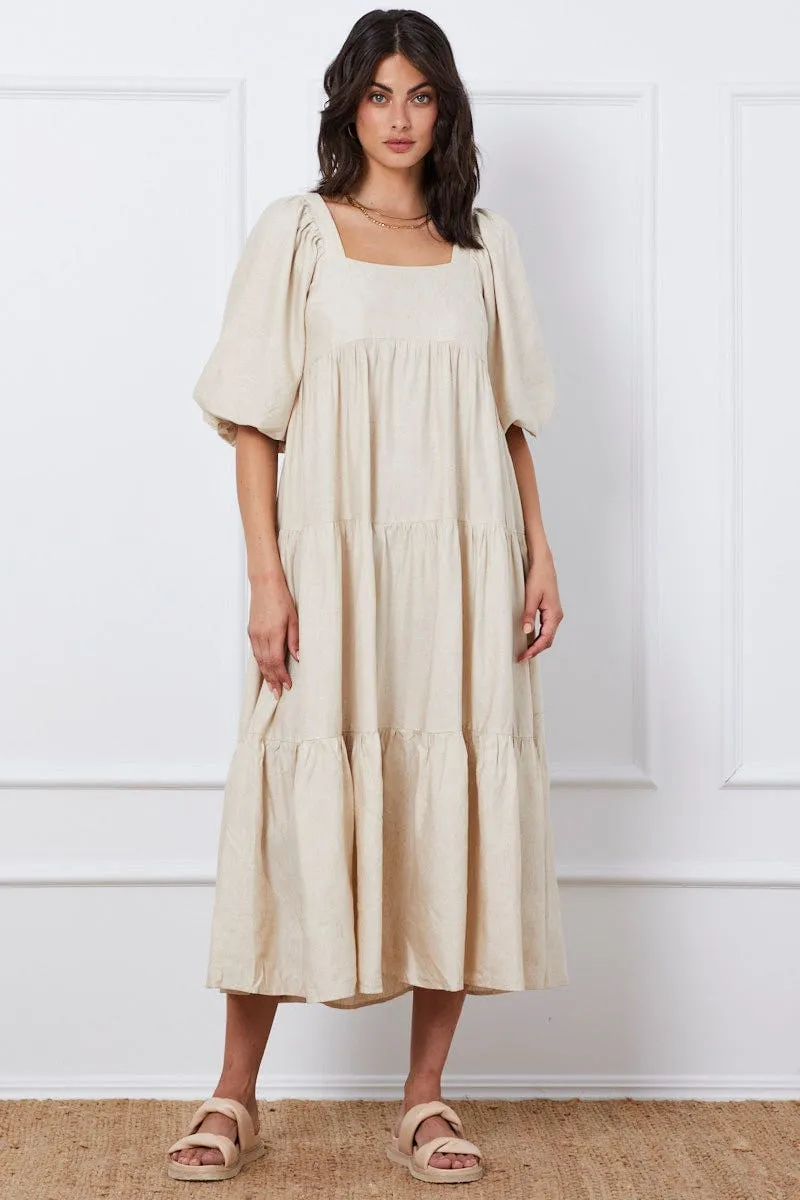 Tower Look Black Oatmeal Ma Midi Dress Short Sleeve Square Neck