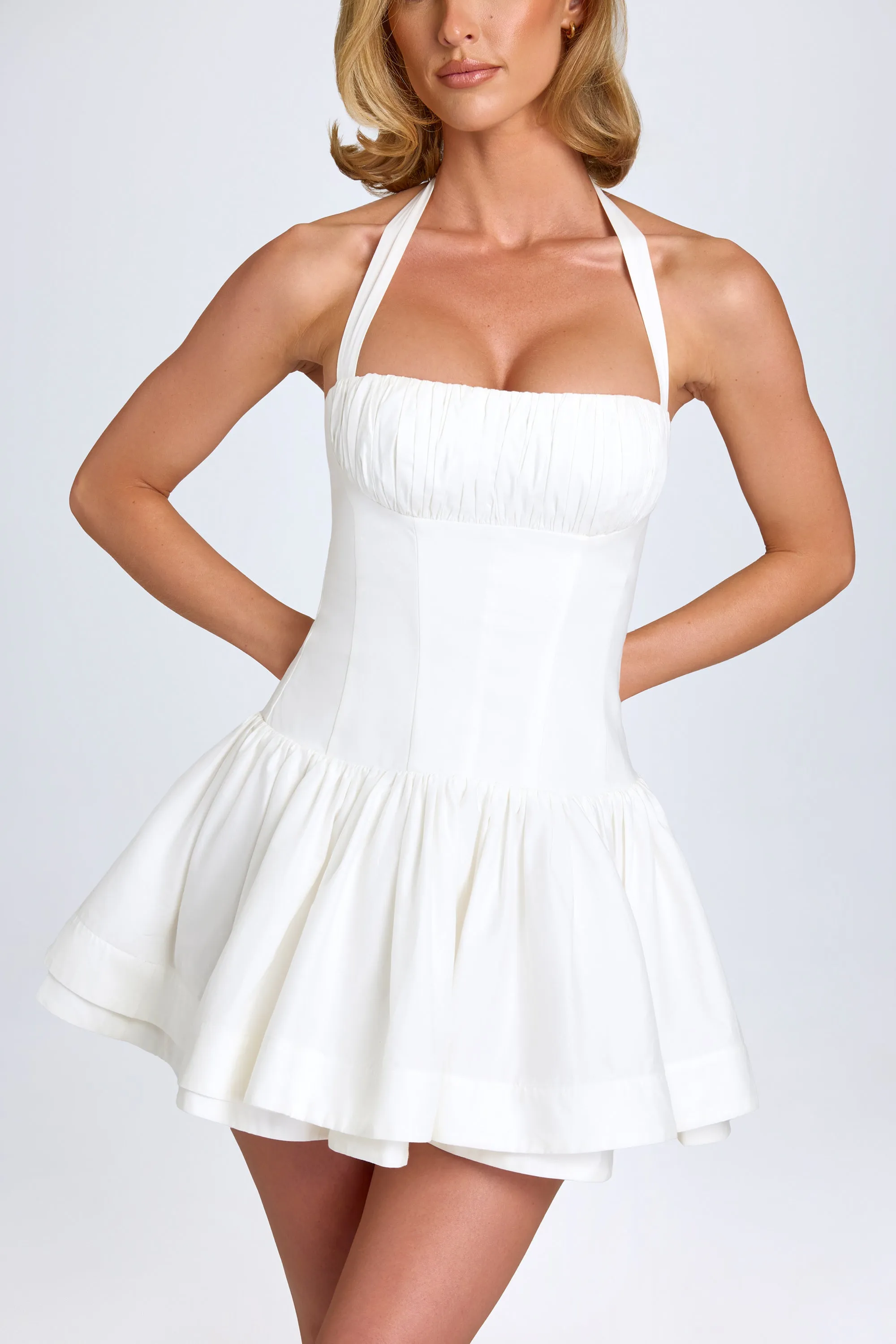 Versatile mini for casual wear Youthful Design Ruched Halterneck Mini Dress in White