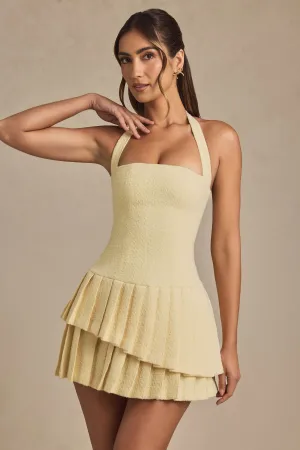 Asymmetric Layered Halterneck Mini Dress in Pastel Yellow Convertible Neckline Foldable Design
