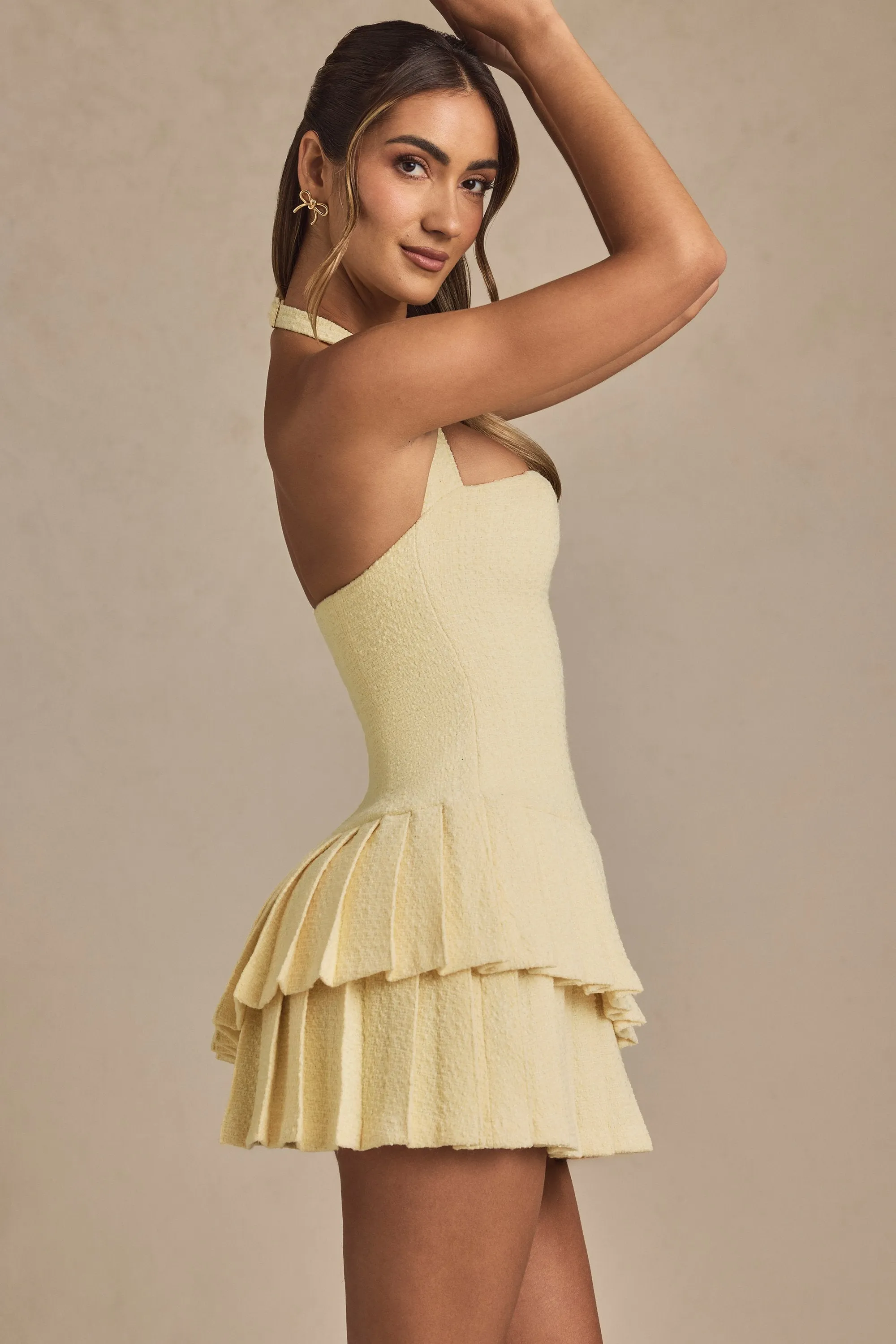 Shine Star Asymmetric Layered Halterneck Mini Dress in Pastel Yellow
