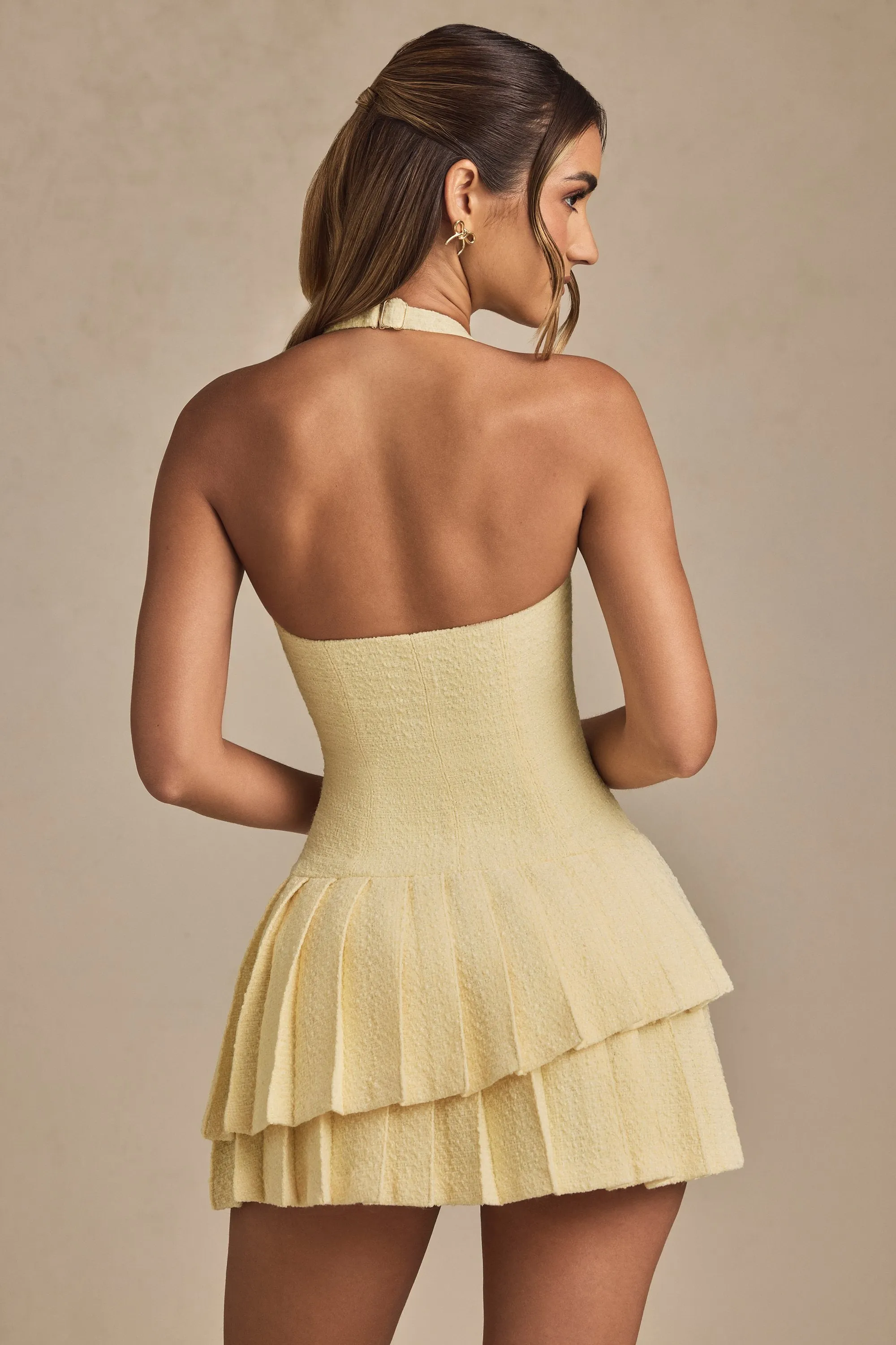 Energy Wear Dressy Cool Asymmetric Layered Halterneck Mini Dress in Pastel Yellow