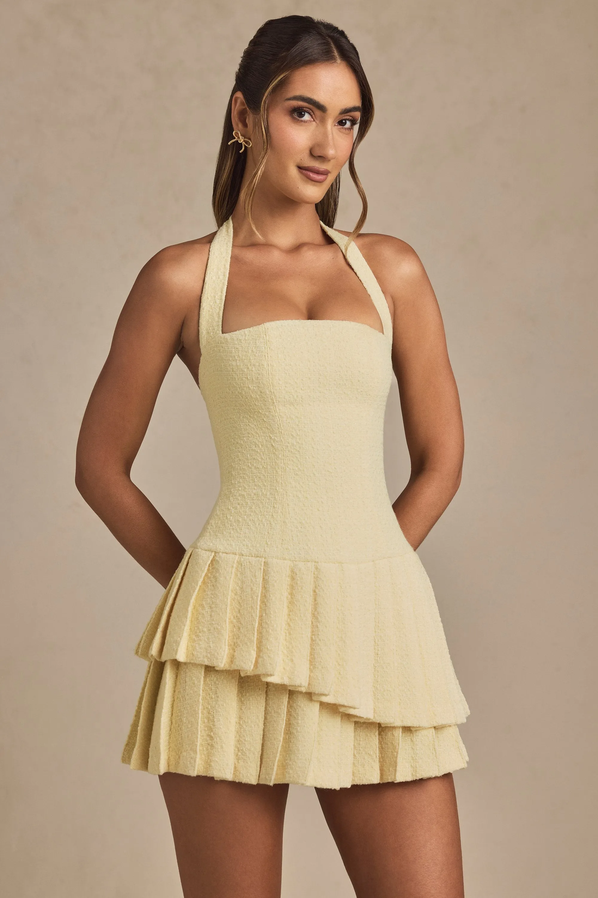 Asymmetric Layered Halterneck Mini Dress in Pastel Yellow Chic Layer Edge Pop