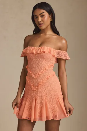 Weighted Hem Off-Shoulder Lace A-Line Mini Dress in Peach