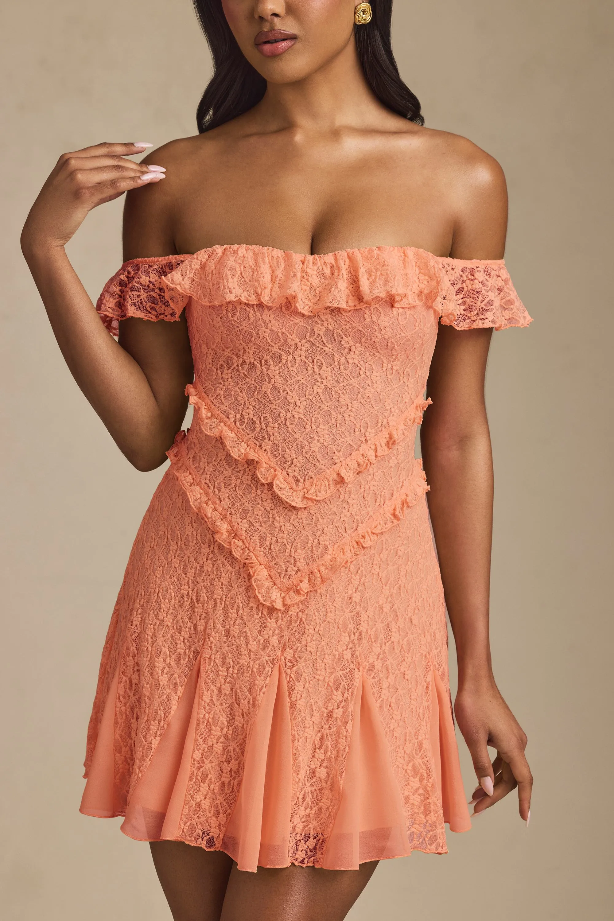 Off-Shoulder Lace A-Line Mini Dress in Peach Comfy chic