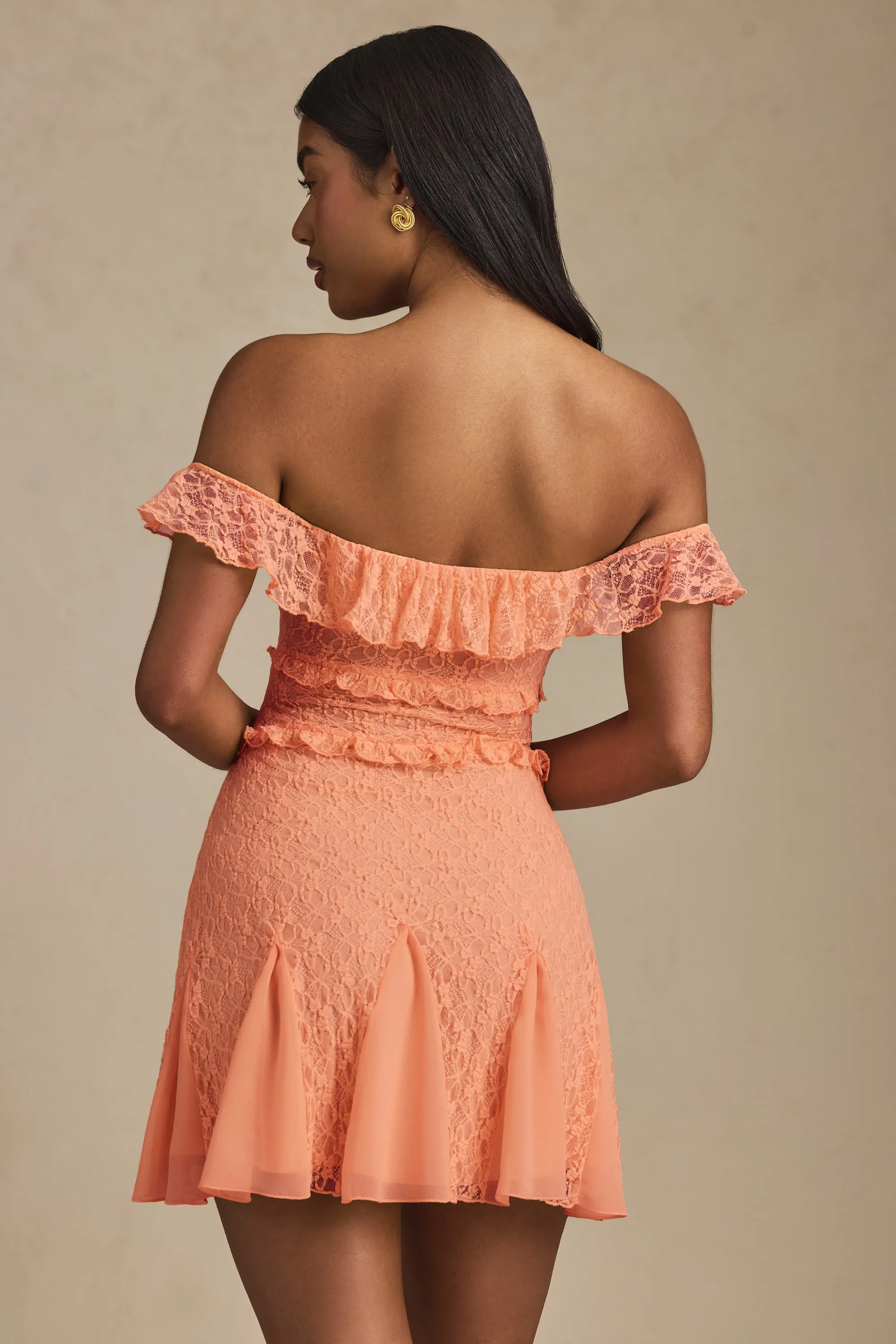 Flirty Look Off-Shoulder Lace A-Line Mini Dress in Peach